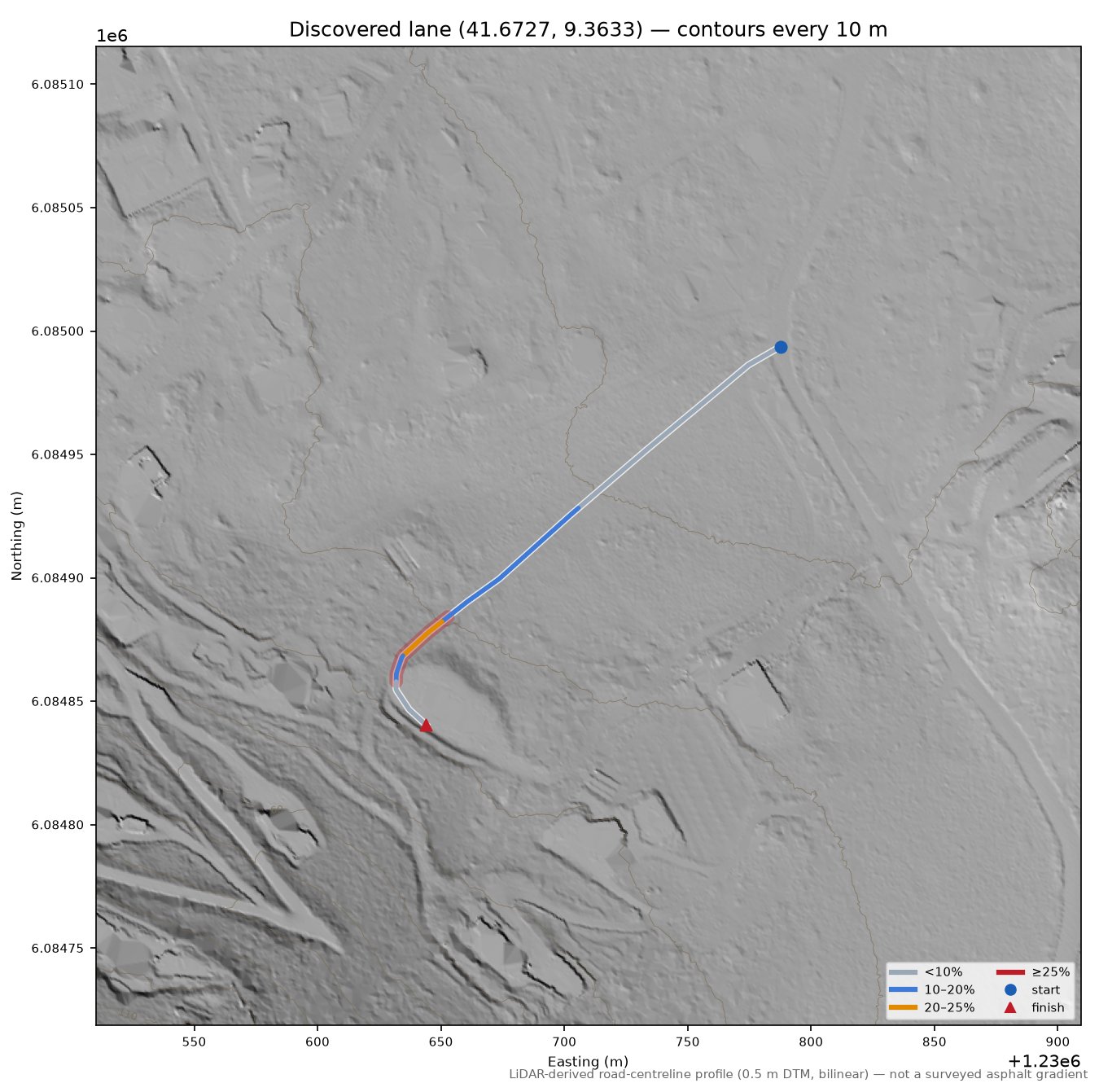 Discovered lane (41.6727, 9.3633) LiDAR hillshade map with contours