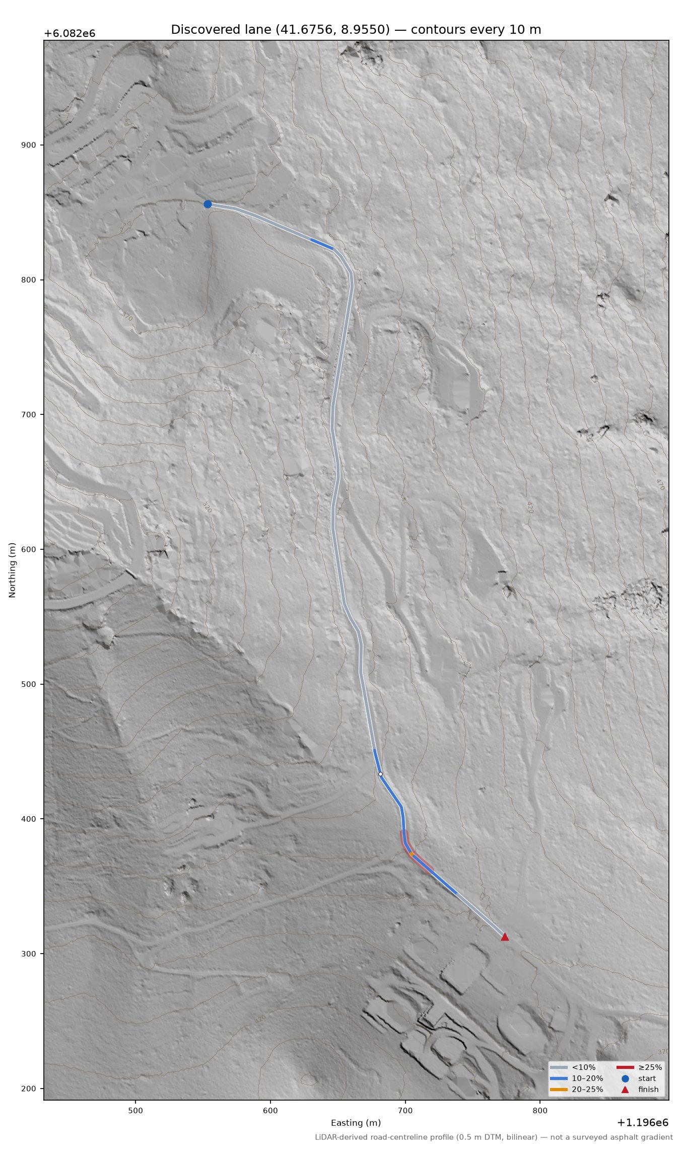 Discovered lane (41.6756, 8.9550) LiDAR hillshade map with contours