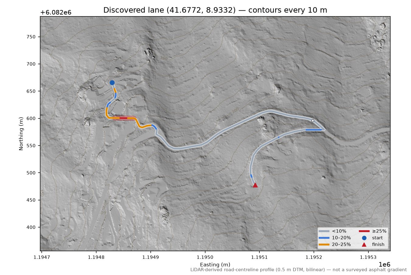 Discovered lane (41.6772, 8.9332) LiDAR hillshade map with contours