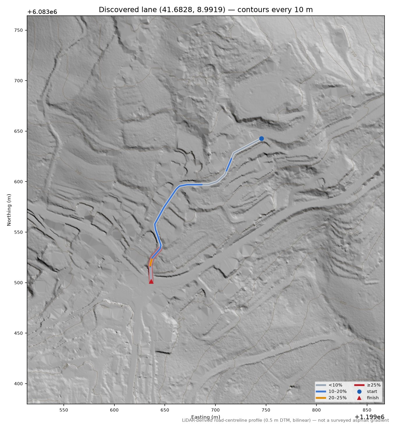 Discovered lane (41.6828, 8.9919) LiDAR hillshade map with contours