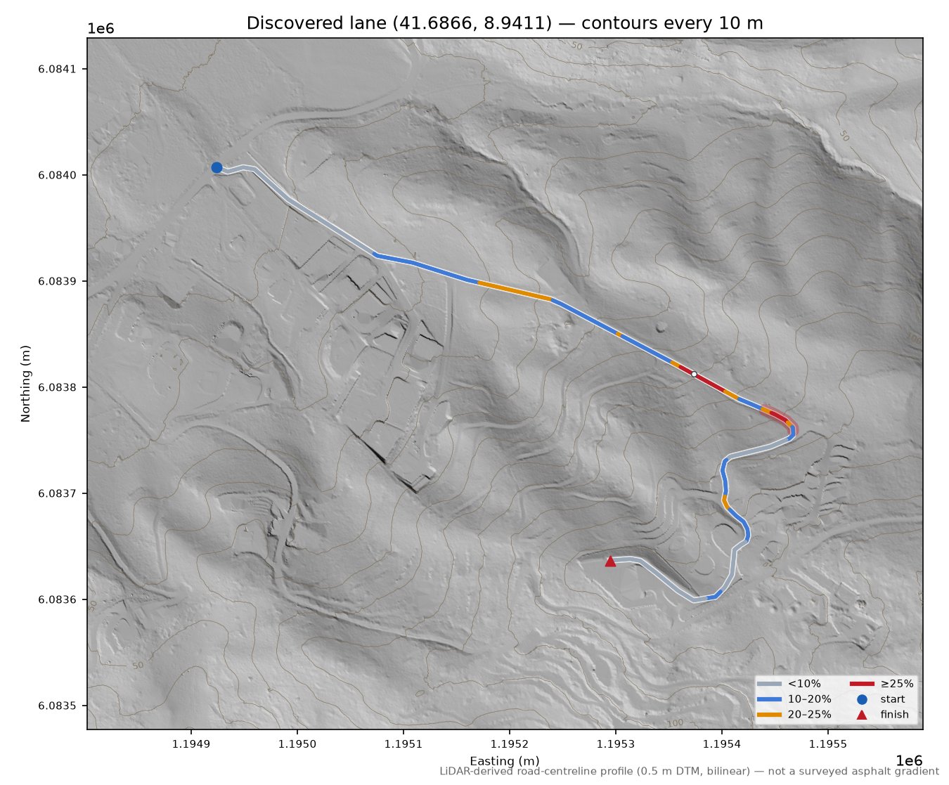 Discovered lane (41.6866, 8.9411) LiDAR hillshade map with contours
