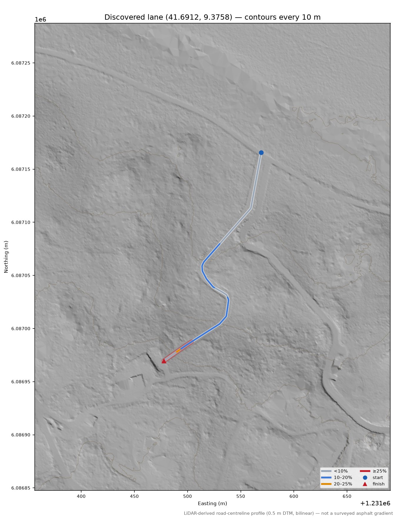 Discovered lane (41.6912, 9.3758) LiDAR hillshade map with contours