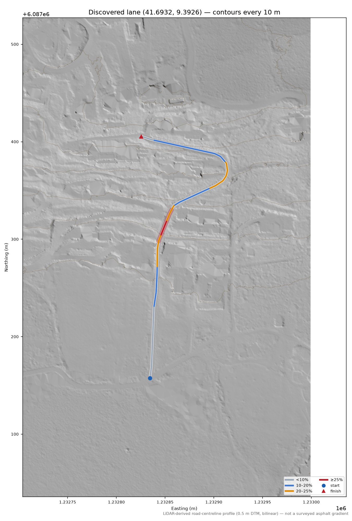 Discovered lane (41.6932, 9.3926) LiDAR hillshade map with contours
