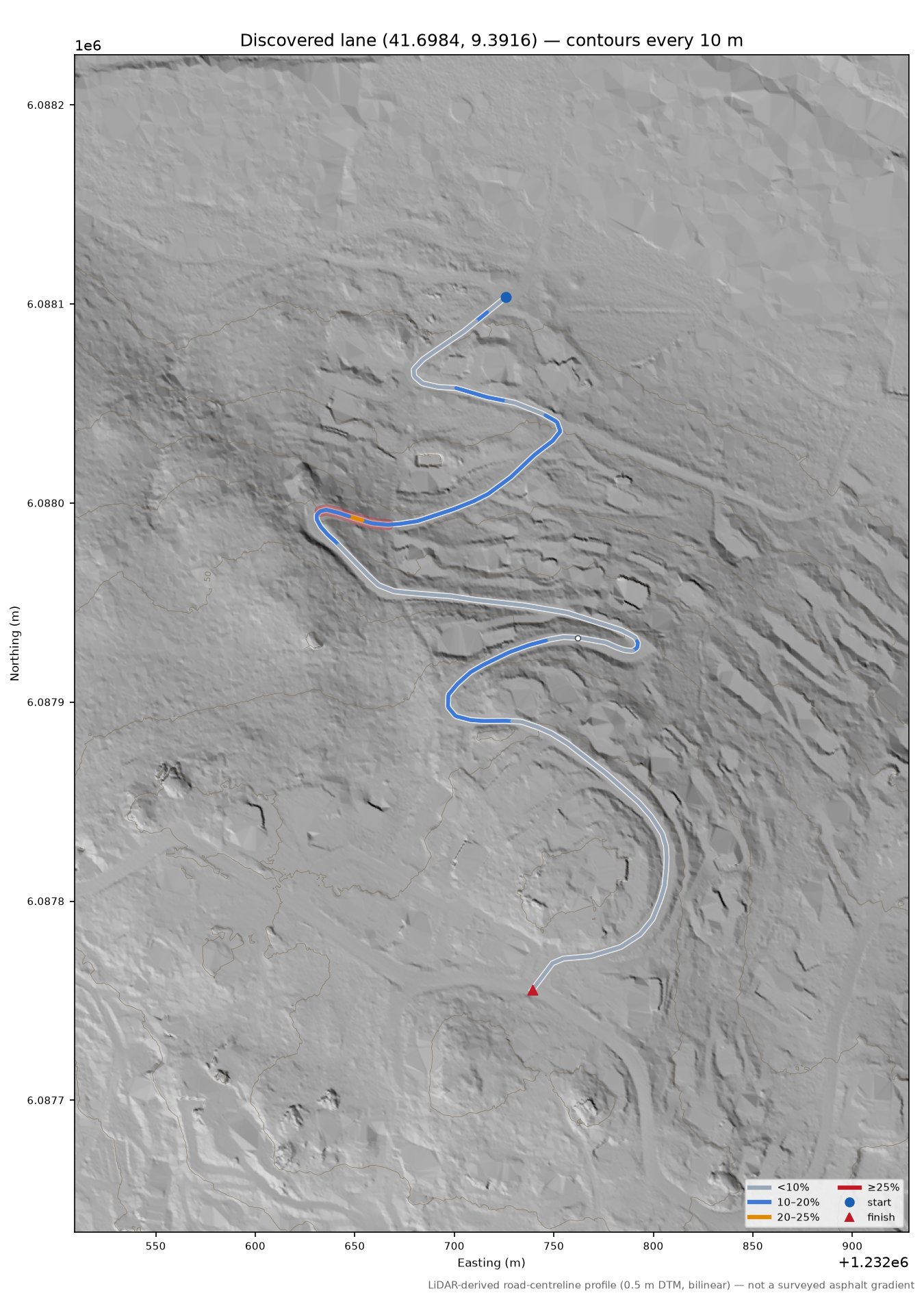Discovered lane (41.6984, 9.3916) LiDAR hillshade map with contours