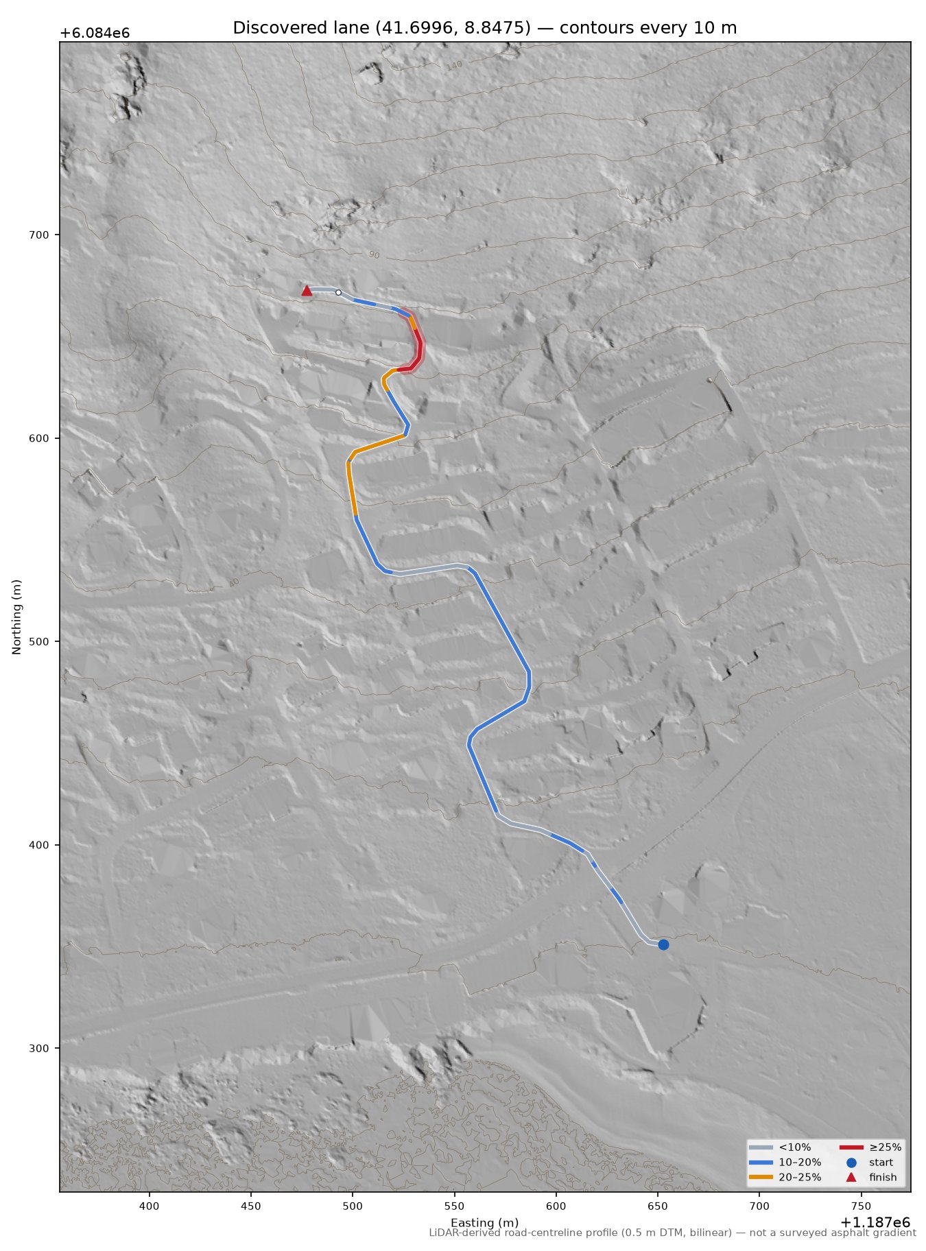 Discovered lane (41.6996, 8.8475) LiDAR hillshade map with contours