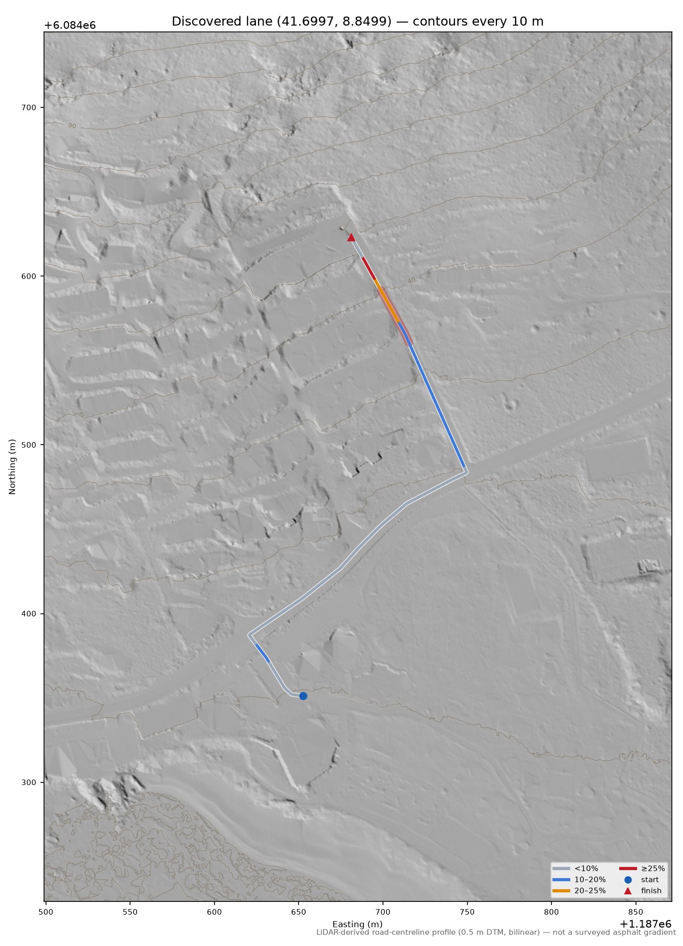 Discovered lane (41.6997, 8.8499) LiDAR hillshade map with contours