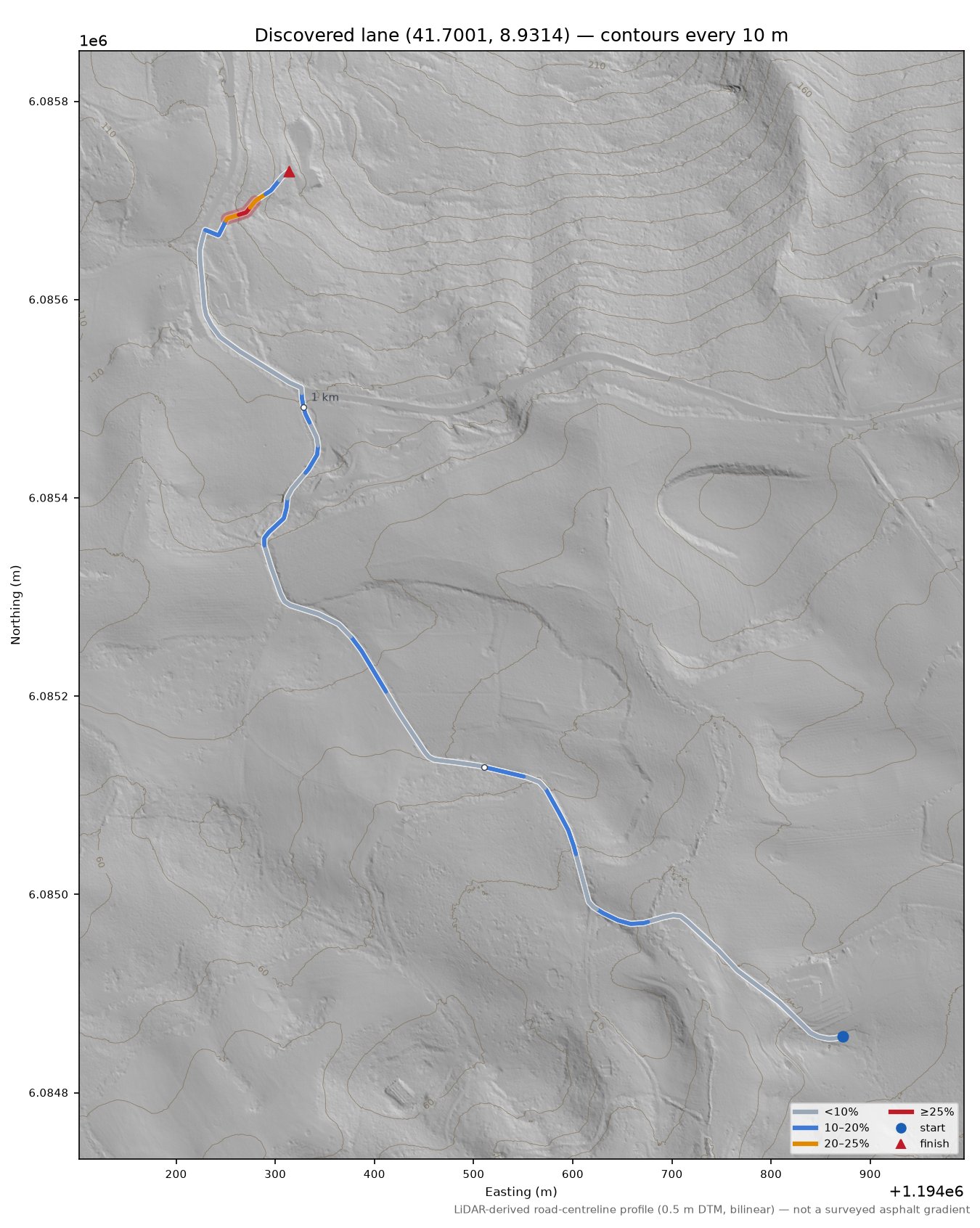 Discovered lane (41.7001, 8.9314) LiDAR hillshade map with contours