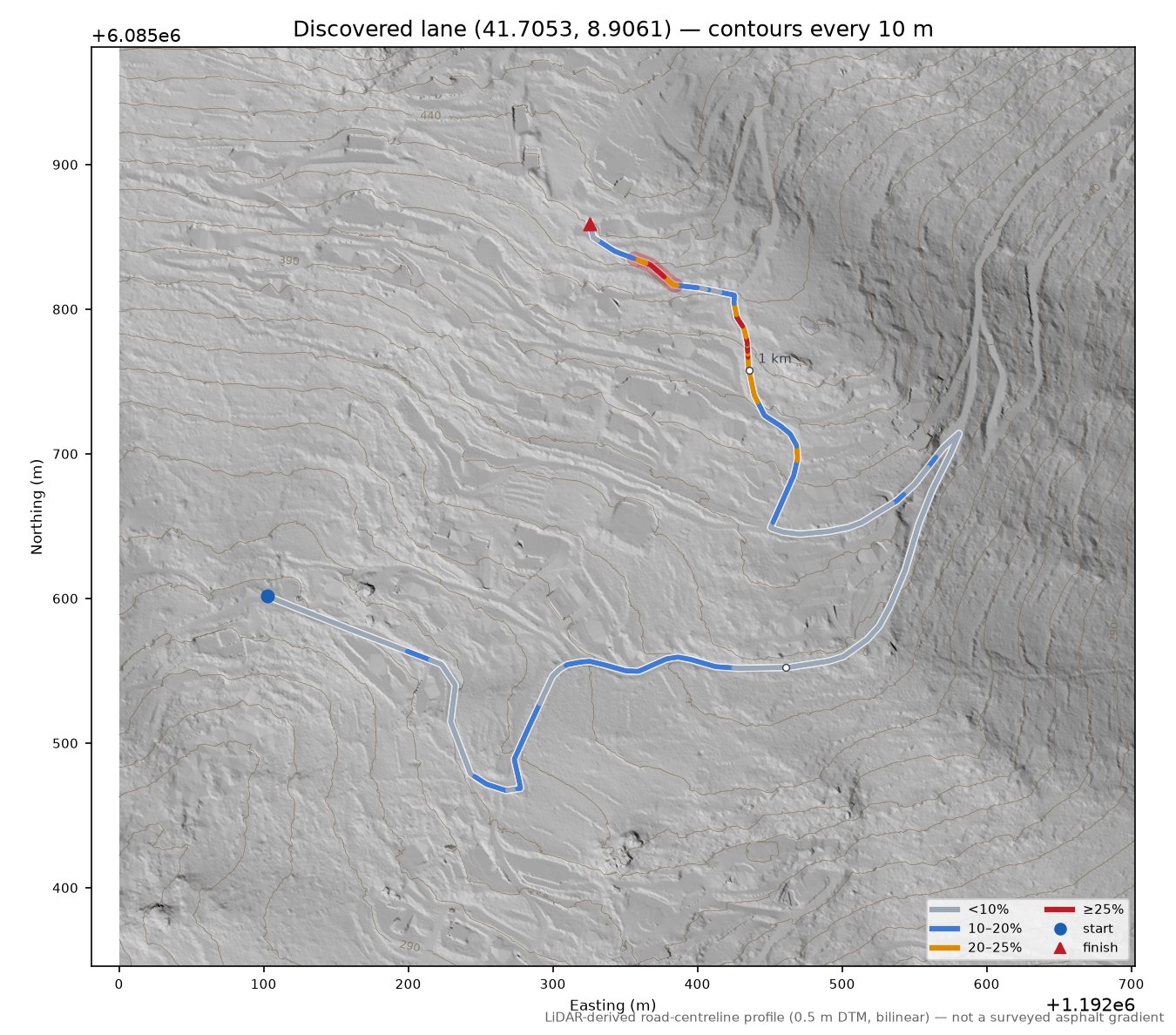 Discovered lane (41.7053, 8.9061) LiDAR hillshade map with contours