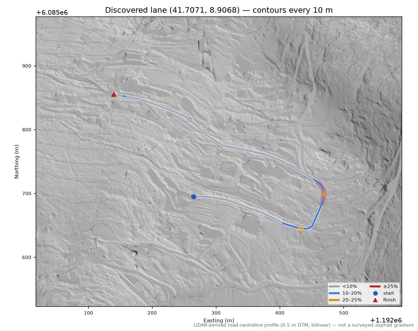 Discovered lane (41.7071, 8.9068) LiDAR hillshade map with contours