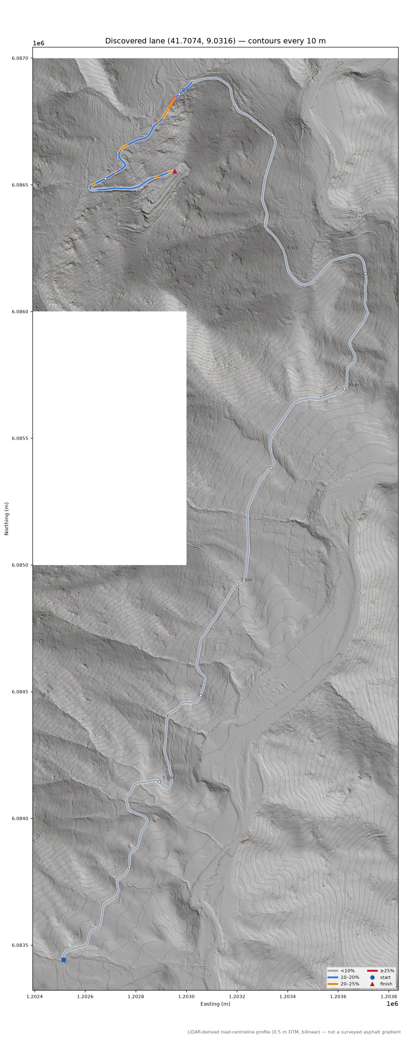 Discovered lane (41.7074, 9.0316) LiDAR hillshade map with contours