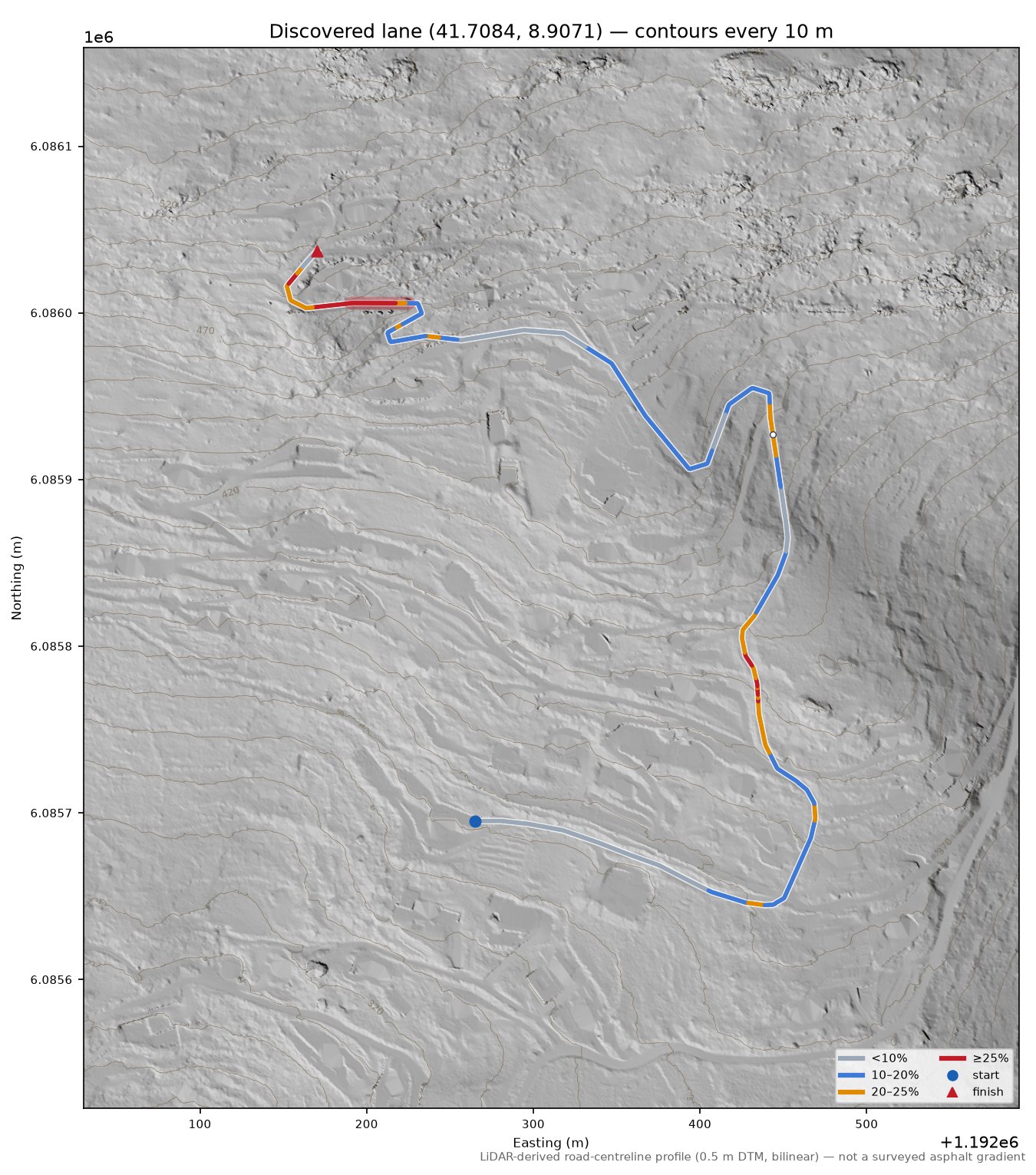 Discovered lane (41.7084, 8.9071) LiDAR hillshade map with contours