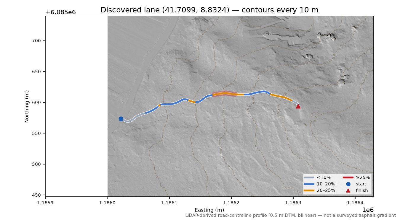 Discovered lane (41.7099, 8.8324) LiDAR hillshade map with contours