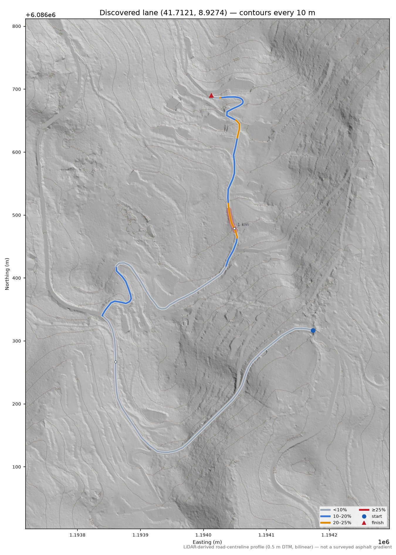 Discovered lane (41.7121, 8.9274) LiDAR hillshade map with contours