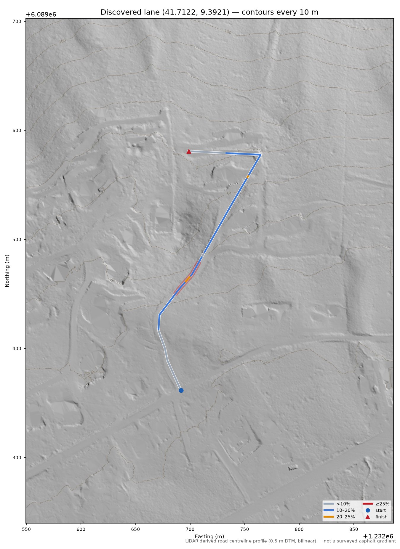 Discovered lane (41.7122, 9.3921) LiDAR hillshade map with contours