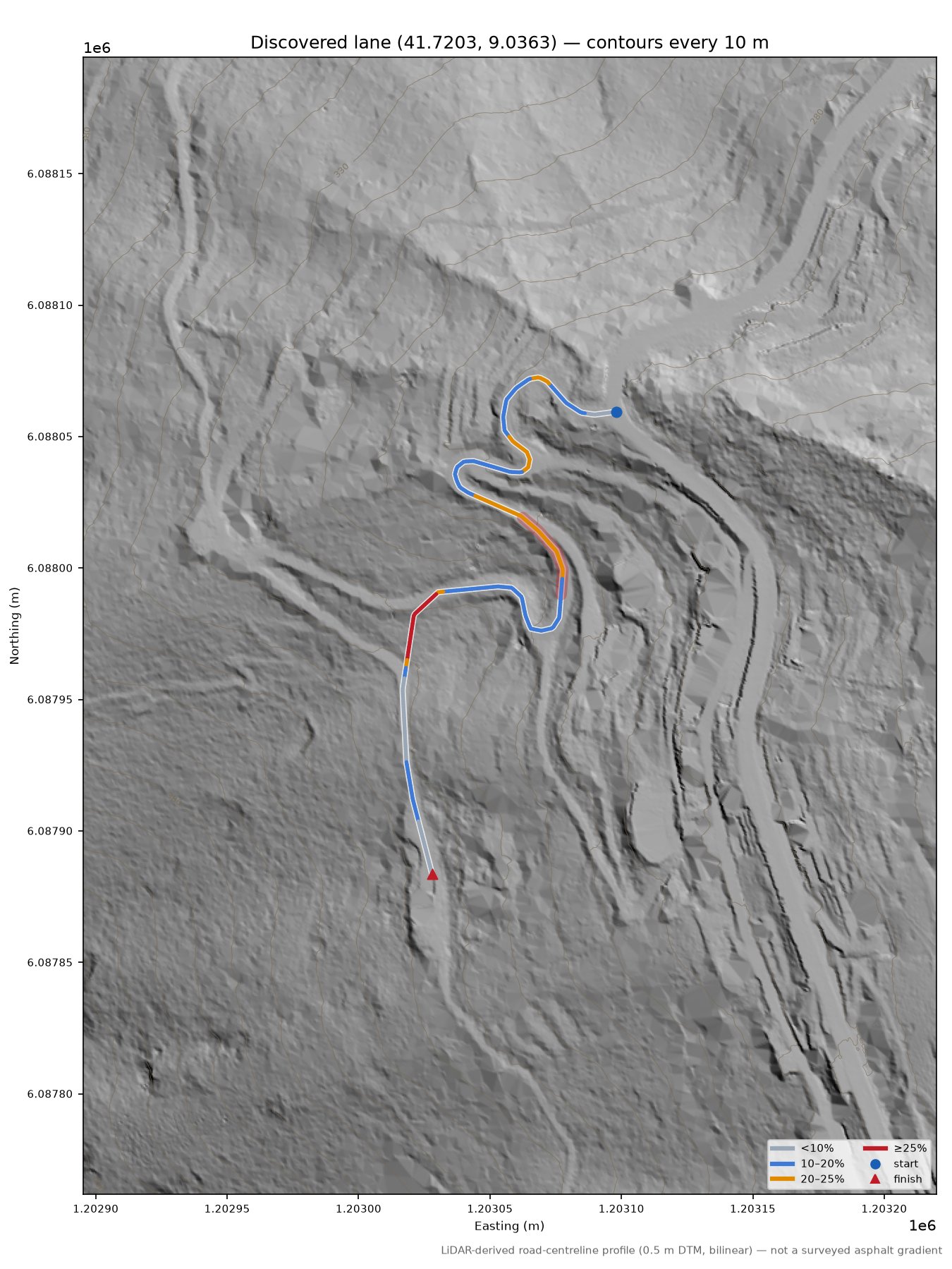 Discovered lane (41.7203, 9.0363) LiDAR hillshade map with contours
