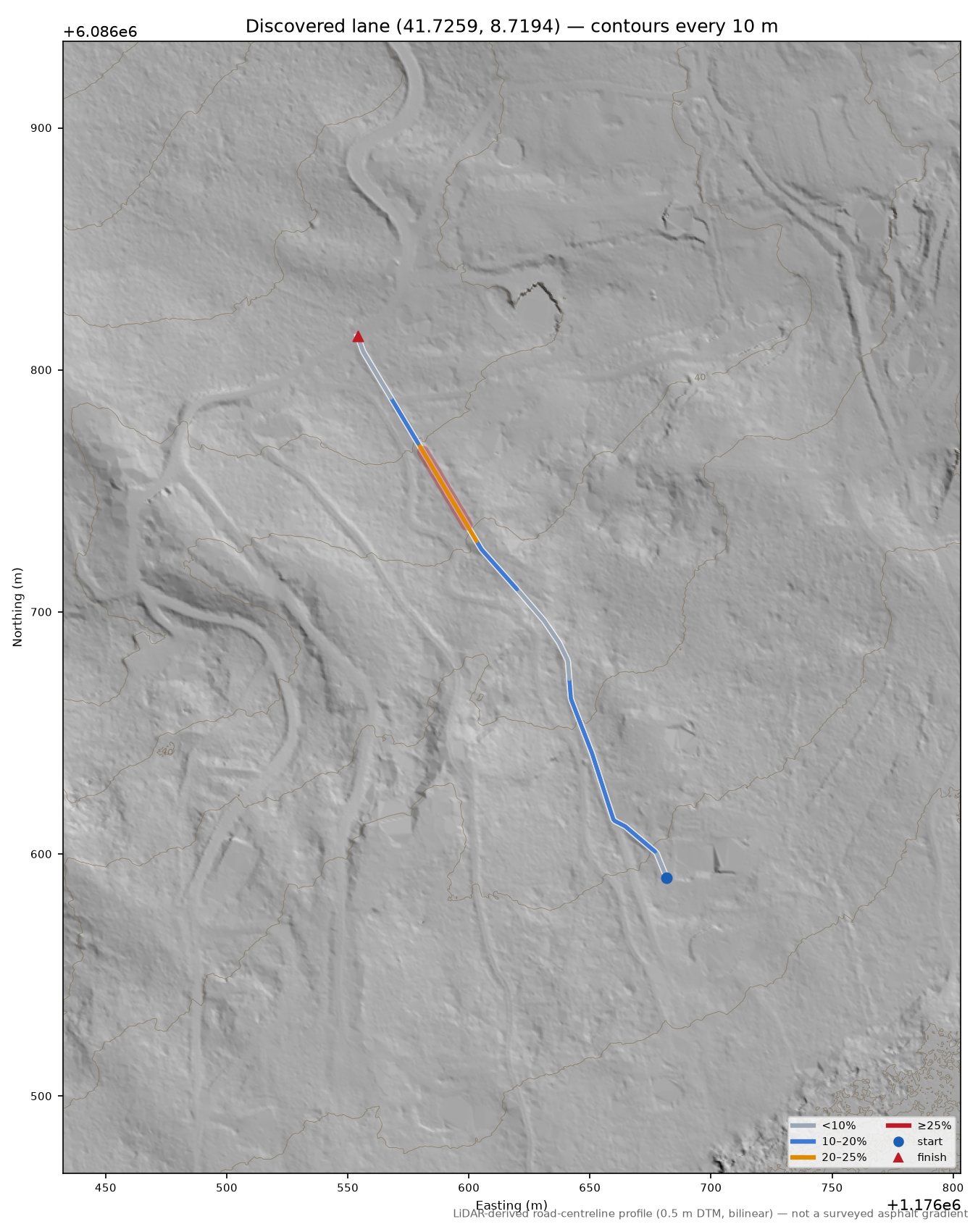 Discovered lane (41.7259, 8.7194) LiDAR hillshade map with contours