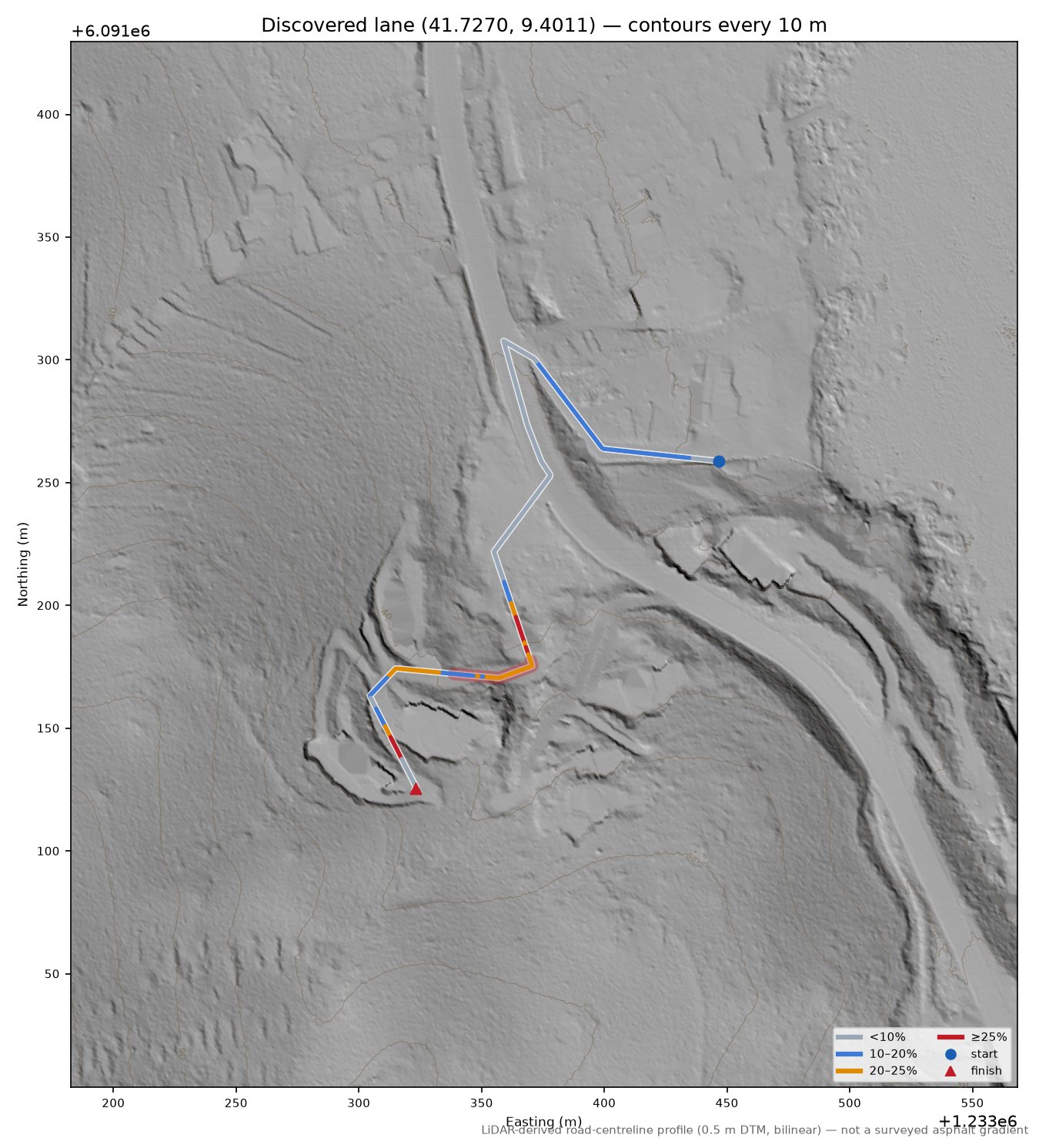 Discovered lane (41.7270, 9.4011) LiDAR hillshade map with contours