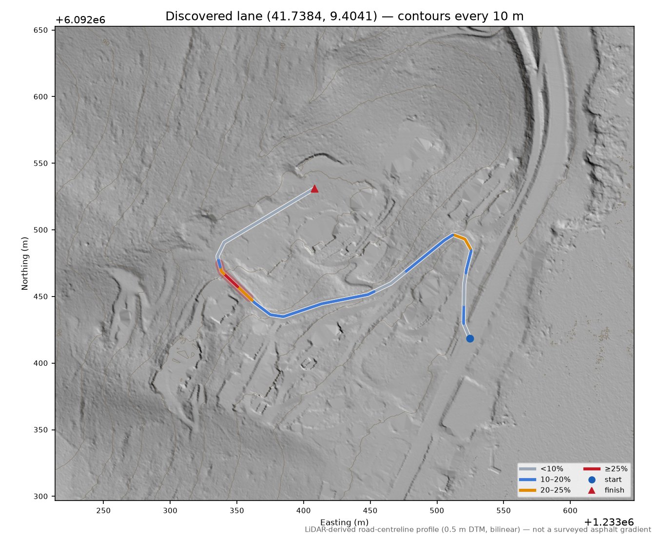 Discovered lane (41.7384, 9.4041) LiDAR hillshade map with contours
