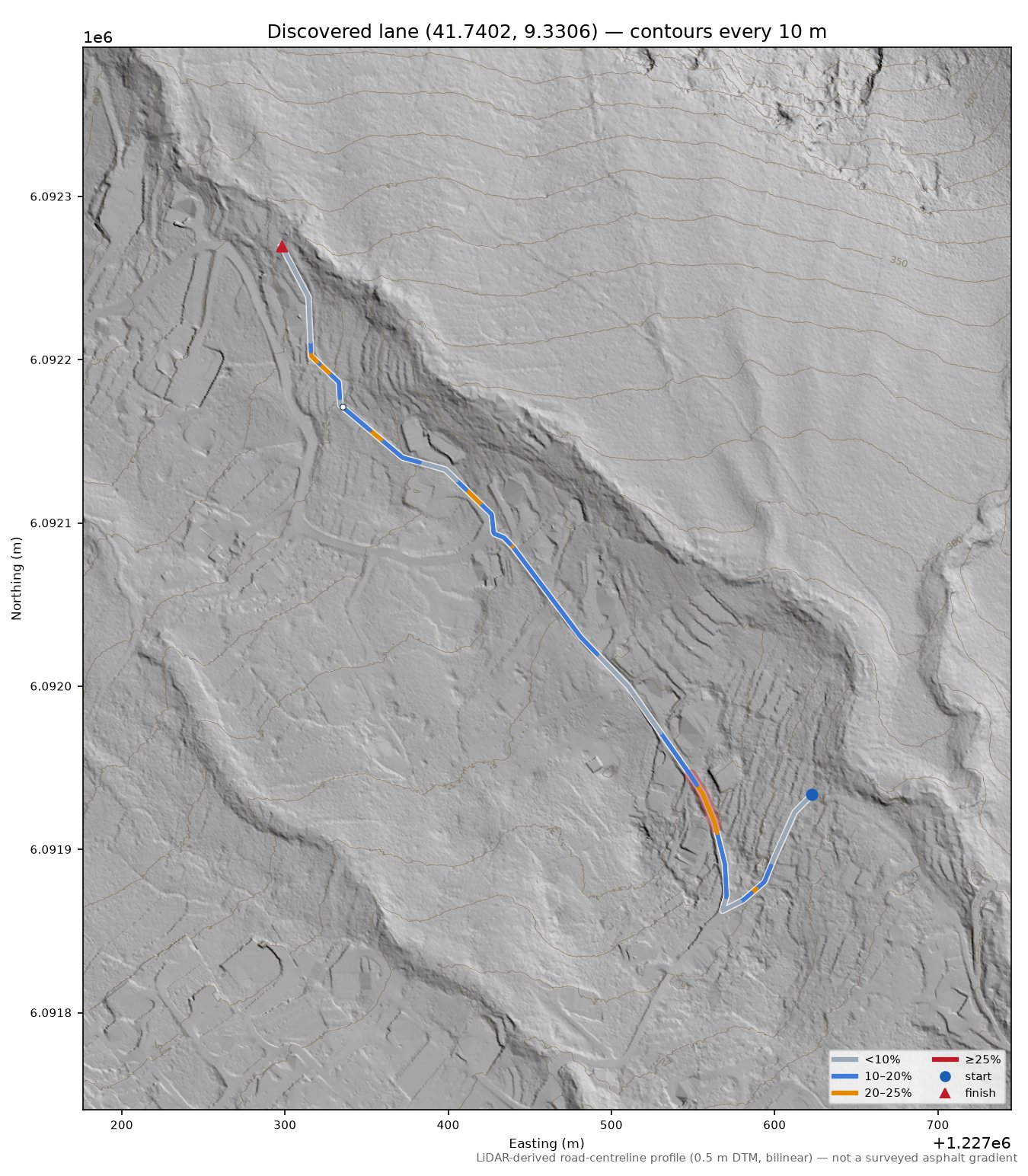Discovered lane (41.7402, 9.3306) LiDAR hillshade map with contours