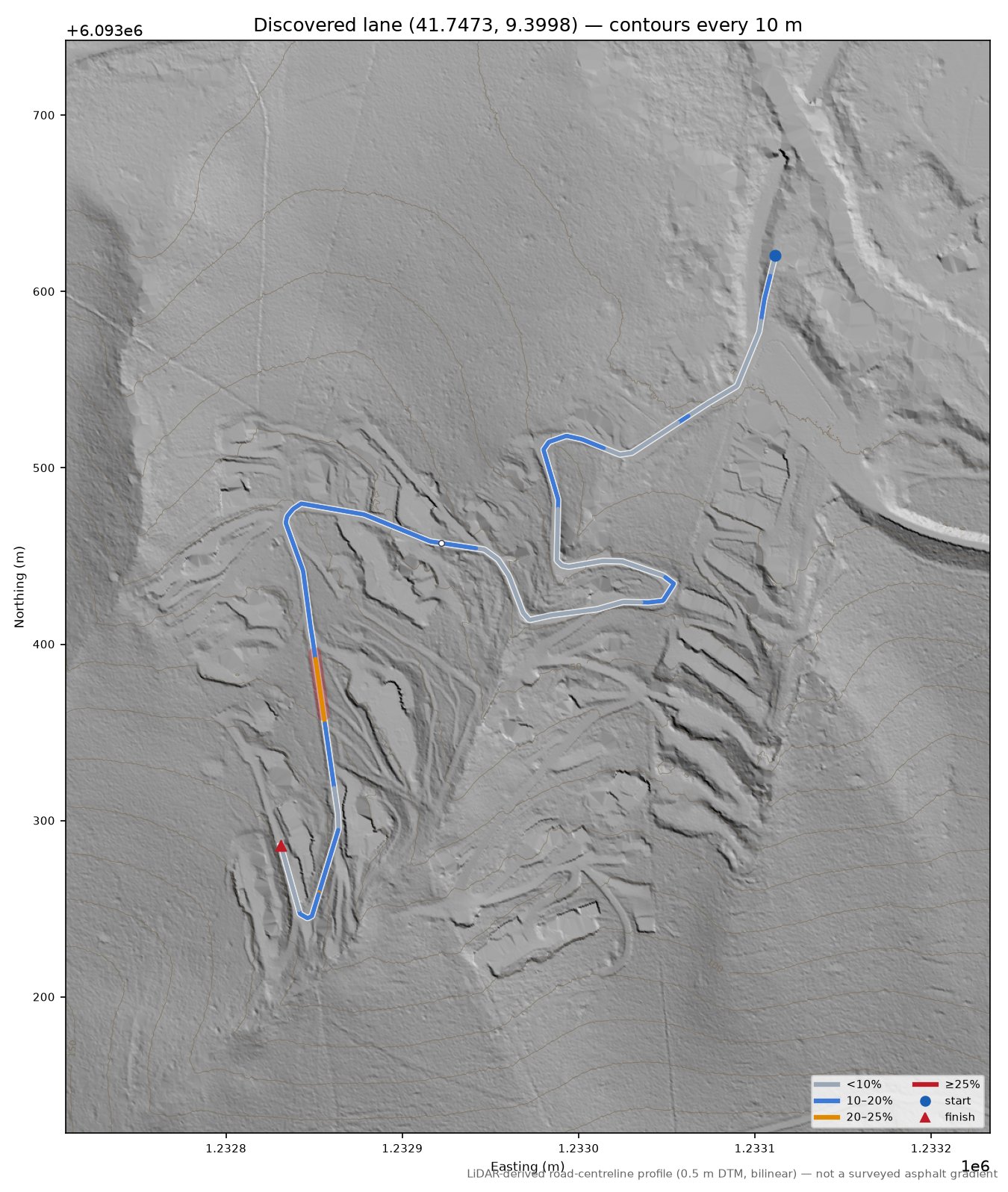 Discovered lane (41.7473, 9.3998) LiDAR hillshade map with contours