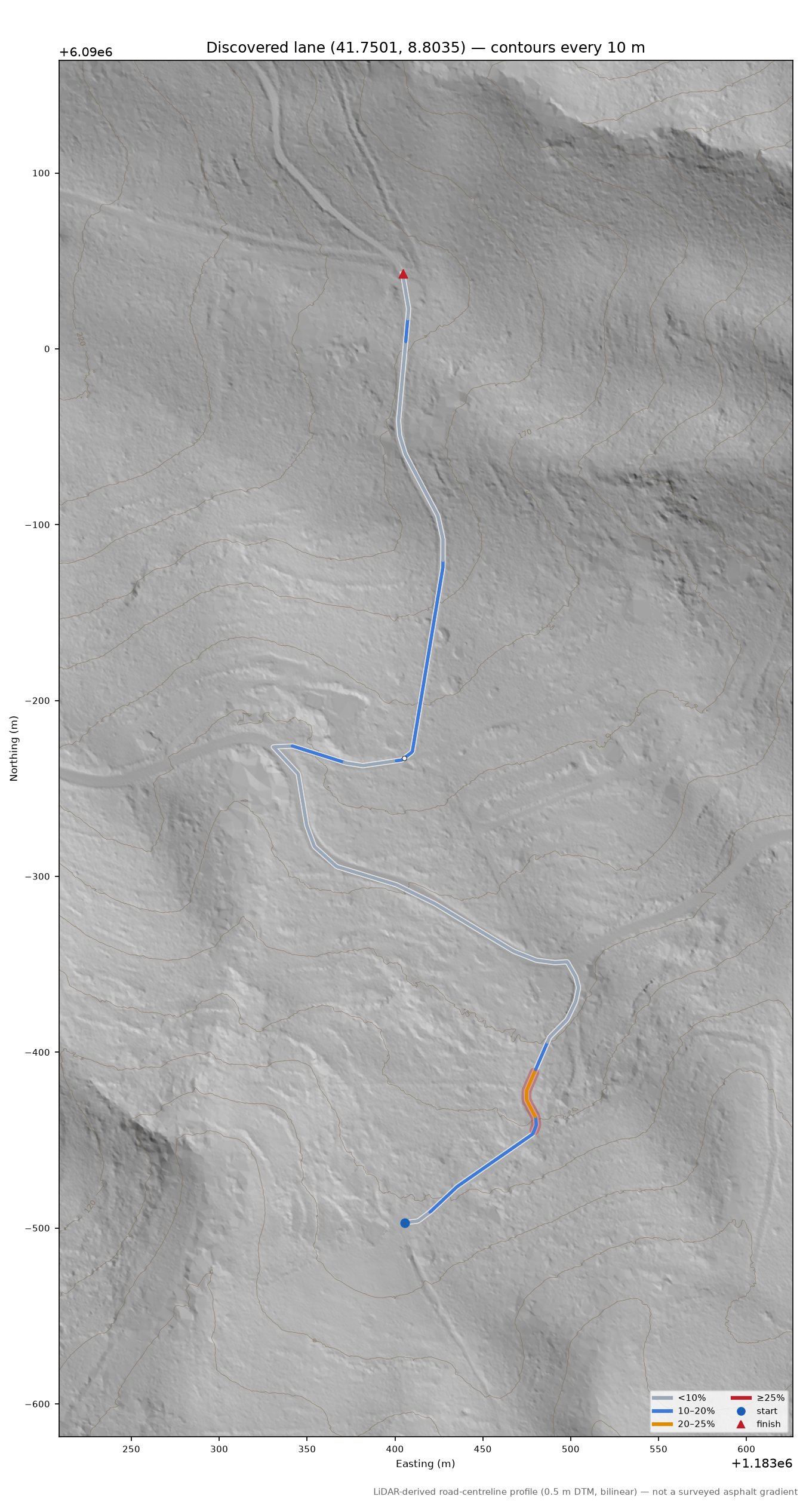 Discovered lane (41.7501, 8.8035) LiDAR hillshade map with contours