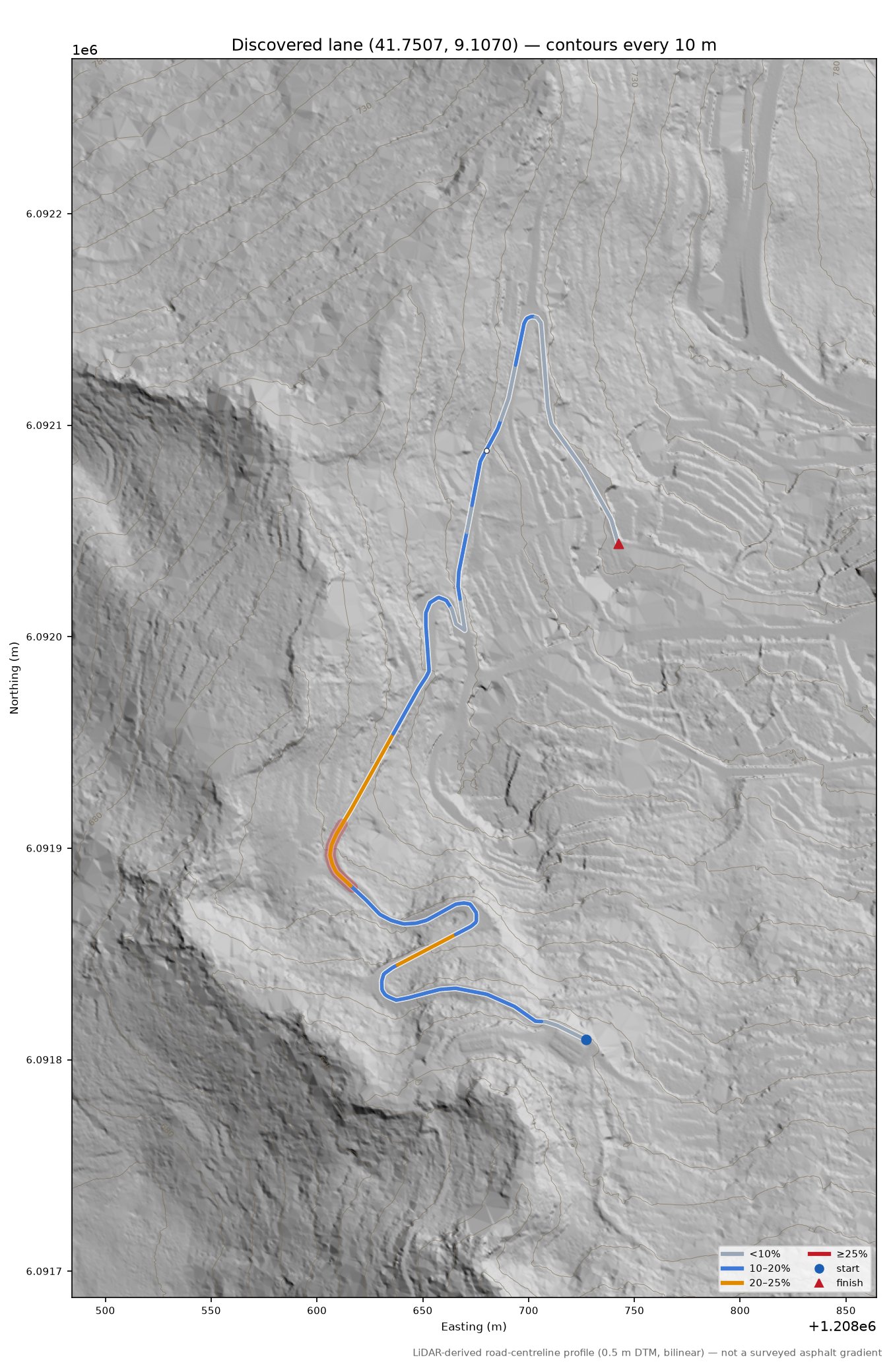 Discovered lane (41.7507, 9.1070) LiDAR hillshade map with contours