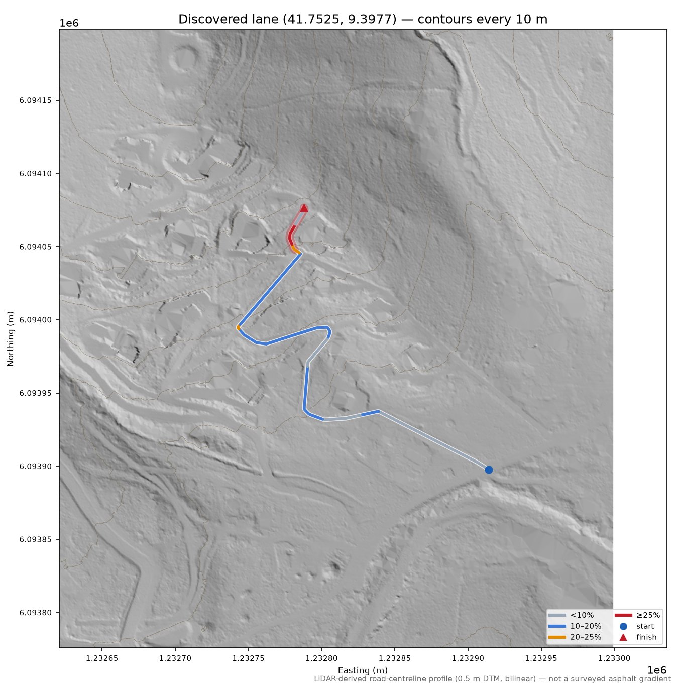 Discovered lane (41.7525, 9.3977) LiDAR hillshade map with contours