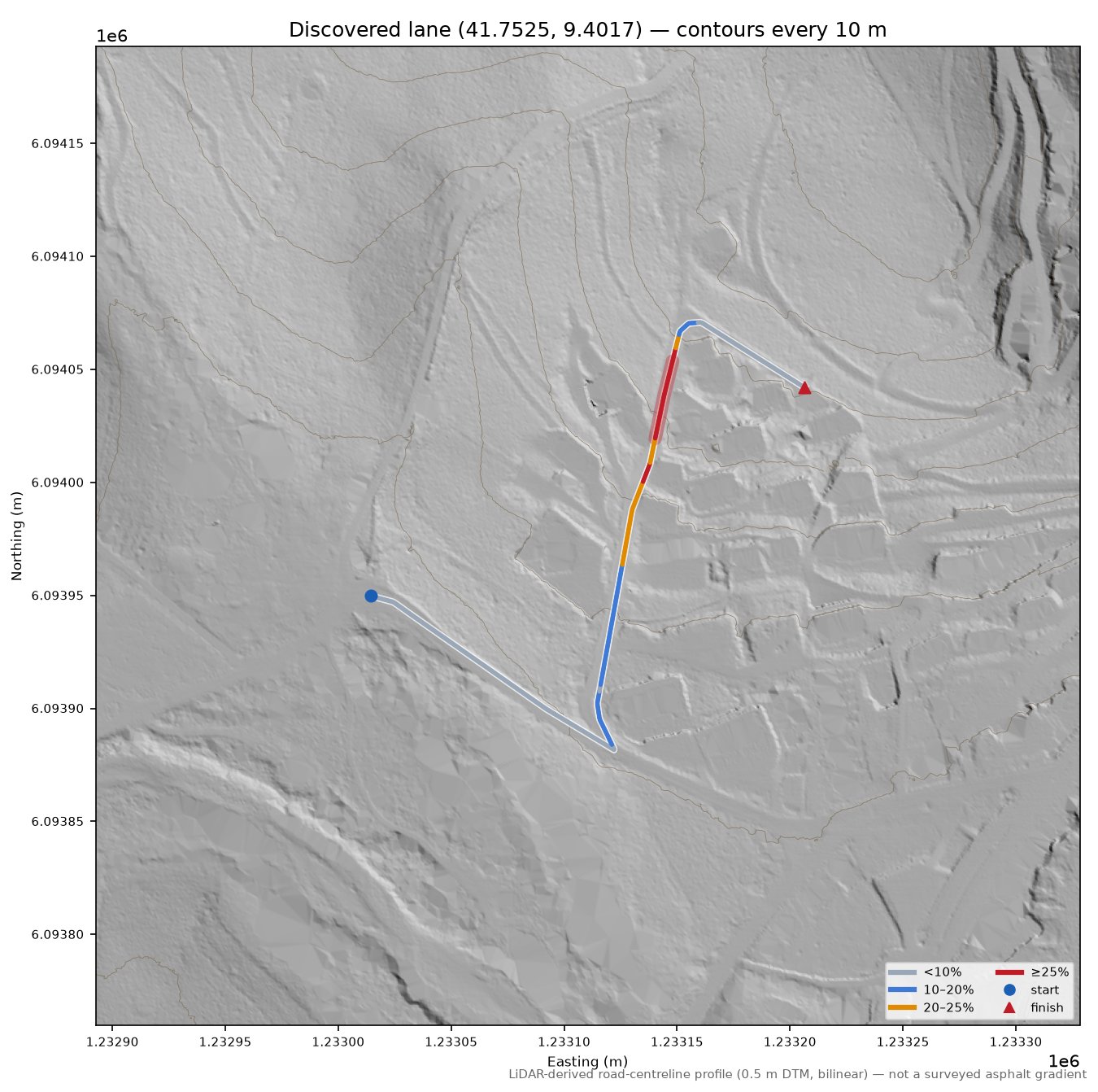 Discovered lane (41.7525, 9.4017) LiDAR hillshade map with contours