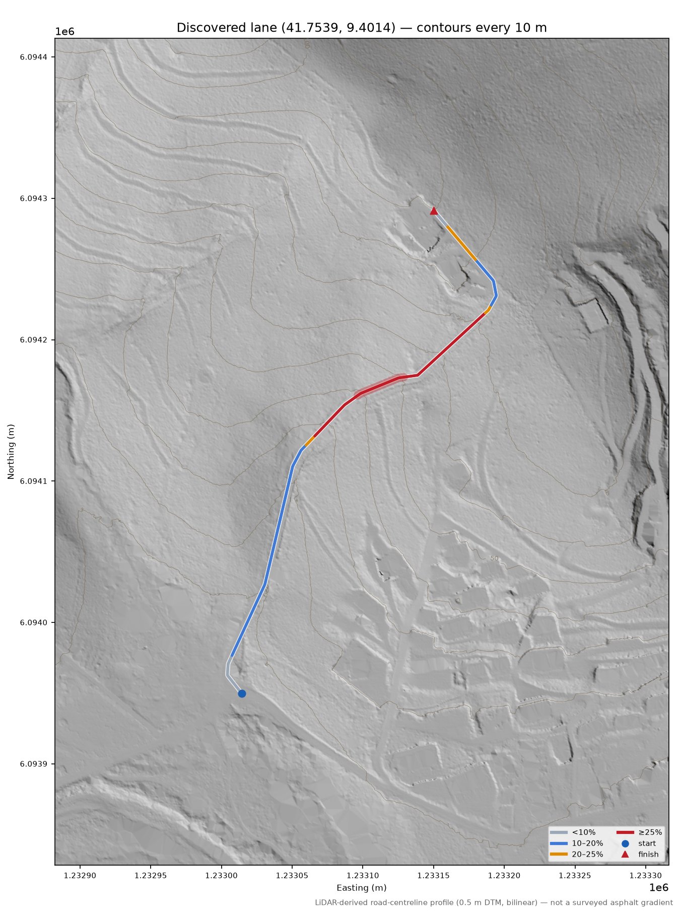 Discovered lane (41.7539, 9.4014) LiDAR hillshade map with contours