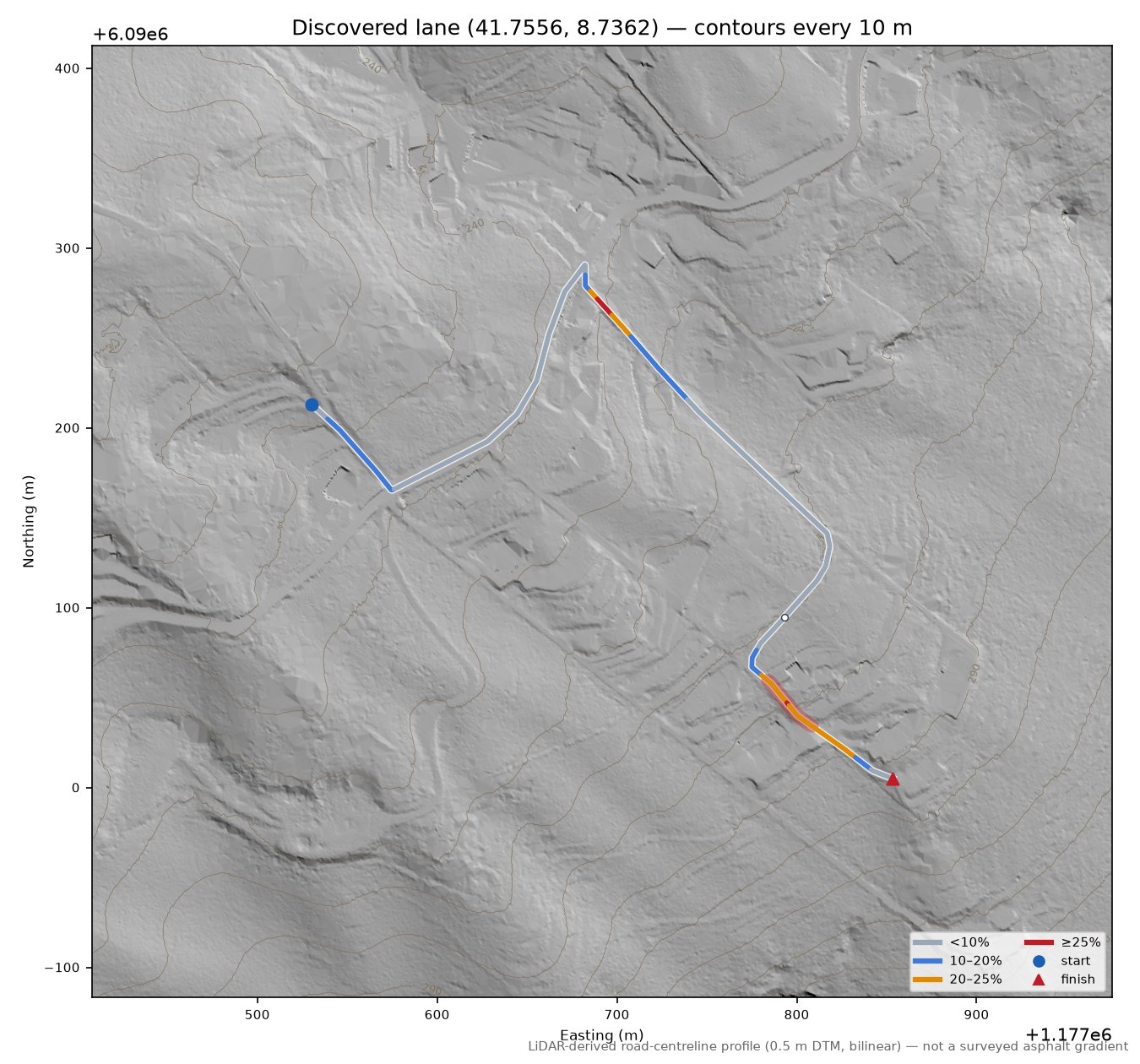 Discovered lane (41.7556, 8.7362) LiDAR hillshade map with contours