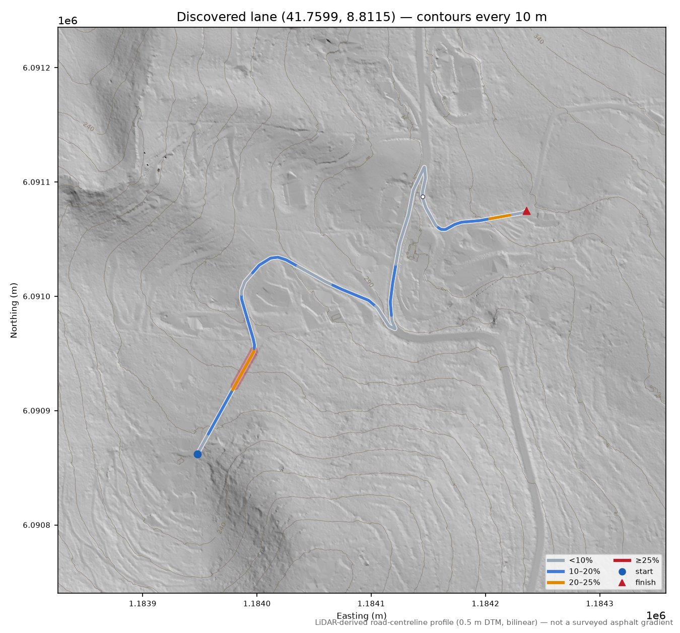 Discovered lane (41.7599, 8.8115) LiDAR hillshade map with contours
