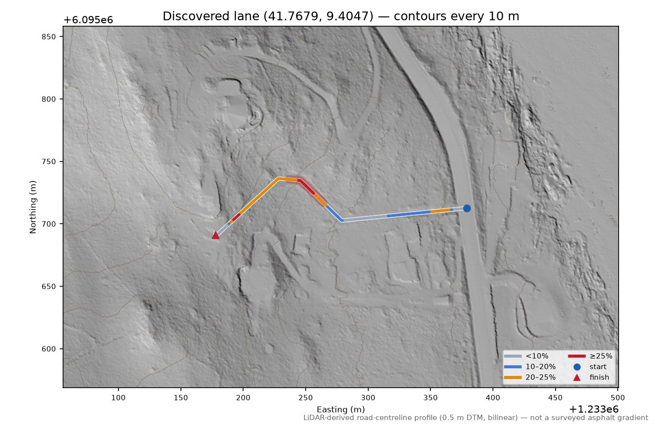 Discovered lane (41.7679, 9.4047) LiDAR hillshade map with contours