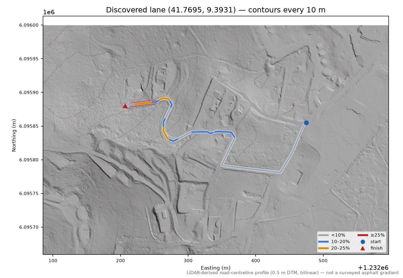 Discovered lane (41.7695, 9.3931) LiDAR hillshade map with contours