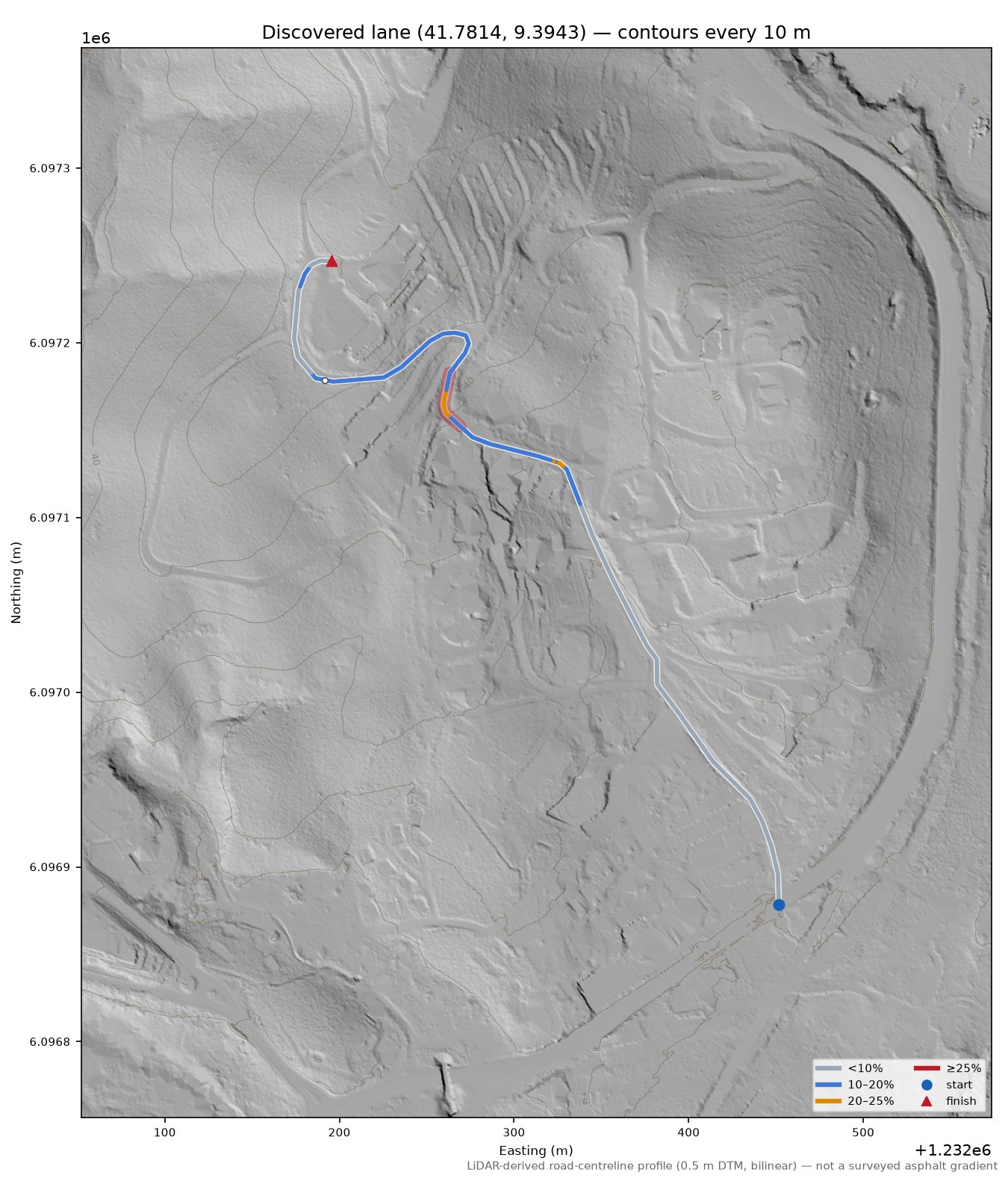 Discovered lane (41.7814, 9.3943) LiDAR hillshade map with contours