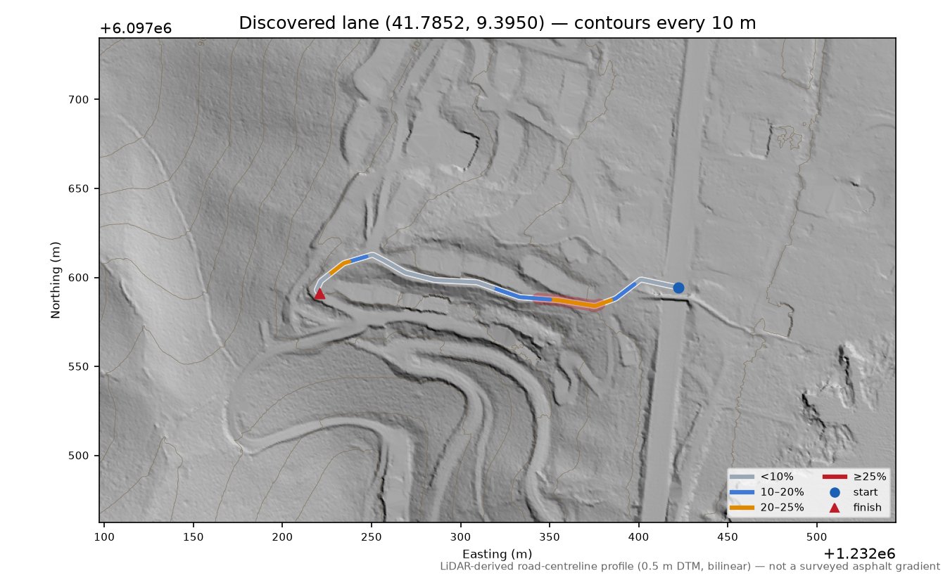 Discovered lane (41.7852, 9.3950) LiDAR hillshade map with contours