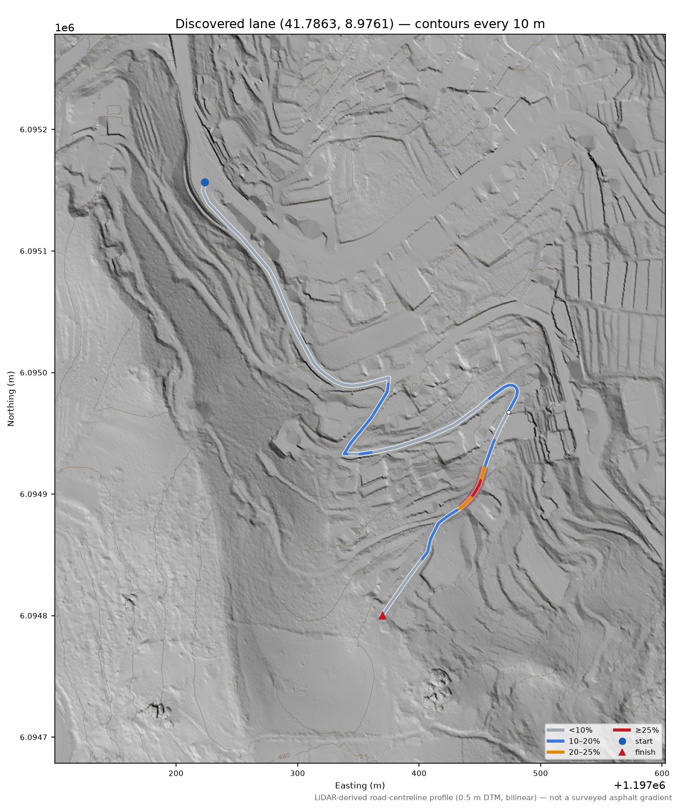 Discovered lane (41.7863, 8.9761) LiDAR hillshade map with contours