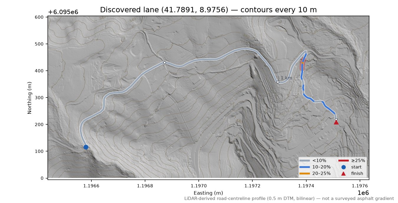 Discovered lane (41.7891, 8.9756) LiDAR hillshade map with contours