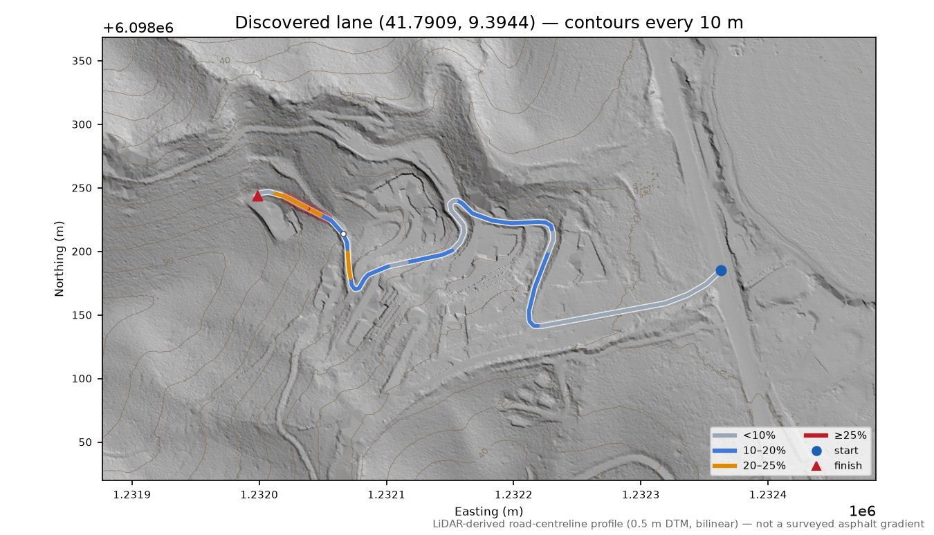Discovered lane (41.7909, 9.3944) LiDAR hillshade map with contours