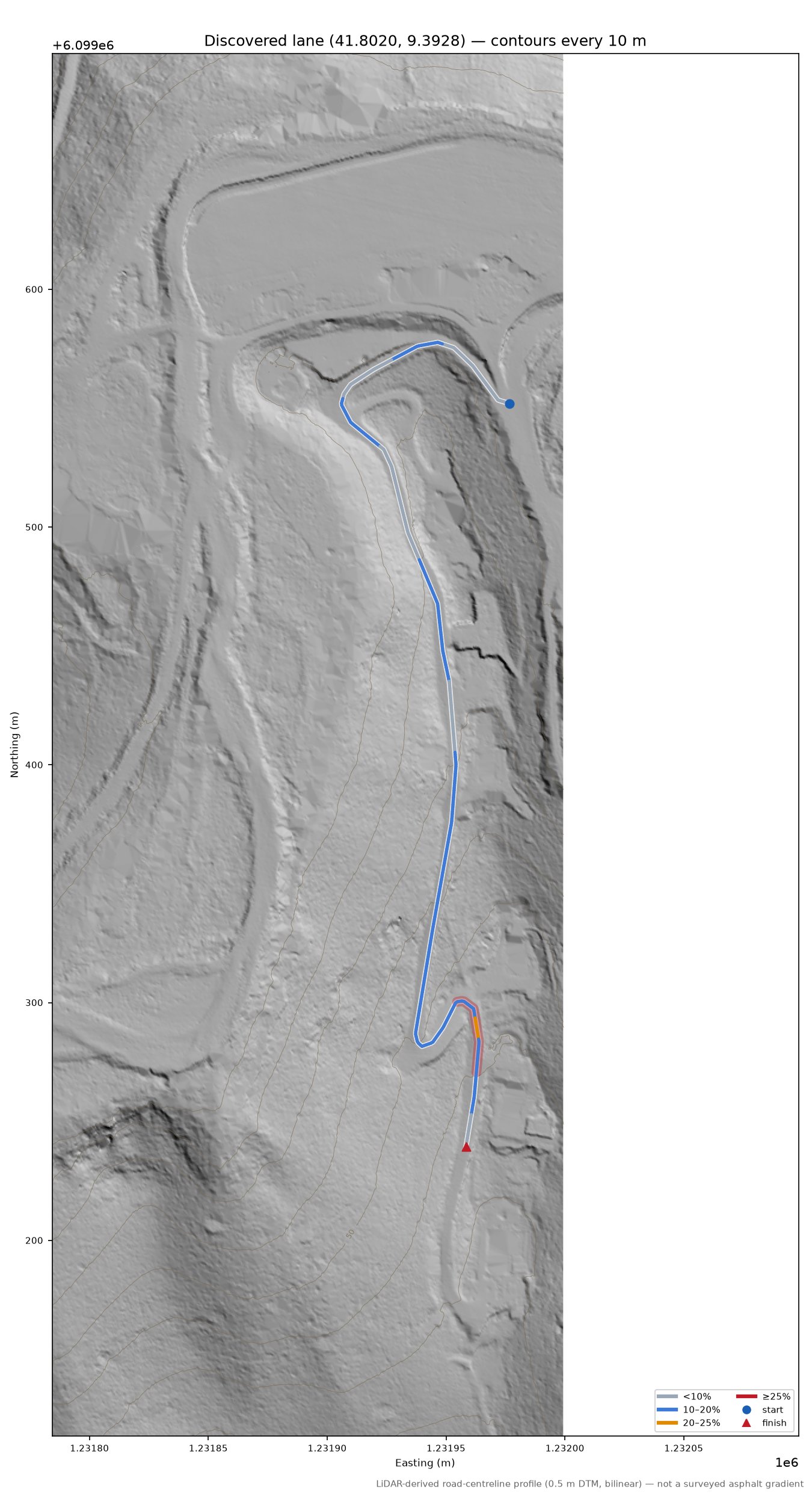 Discovered lane (41.8020, 9.3928) LiDAR hillshade map with contours