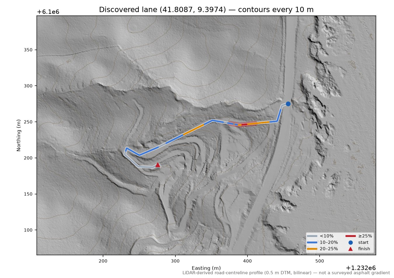 Discovered lane (41.8087, 9.3974) LiDAR hillshade map with contours