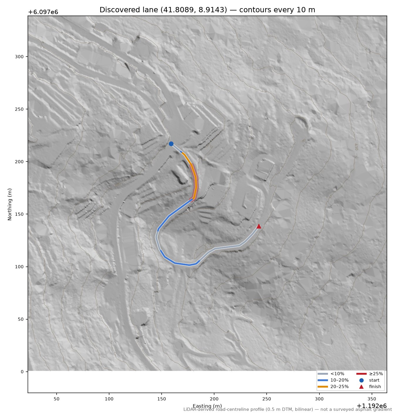 Discovered lane (41.8089, 8.9143) LiDAR hillshade map with contours
