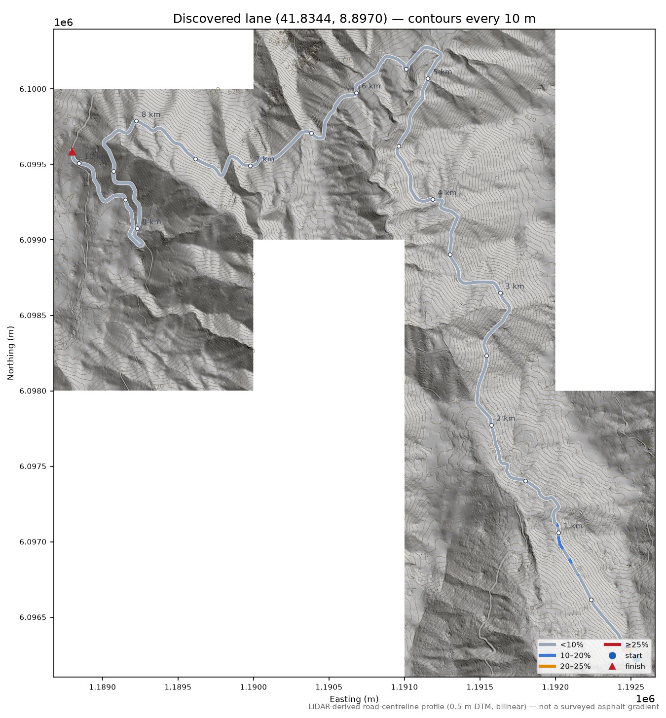 Discovered lane (41.8344, 8.8970) LiDAR hillshade map with contours