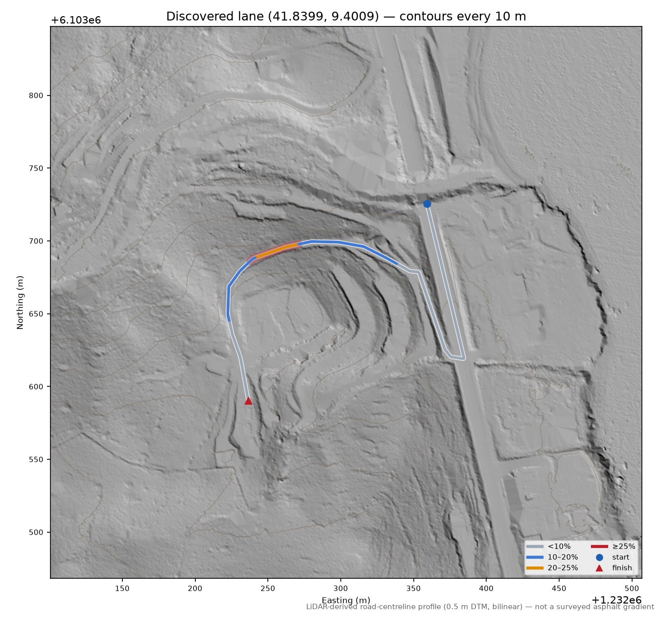 Discovered lane (41.8399, 9.4009) LiDAR hillshade map with contours