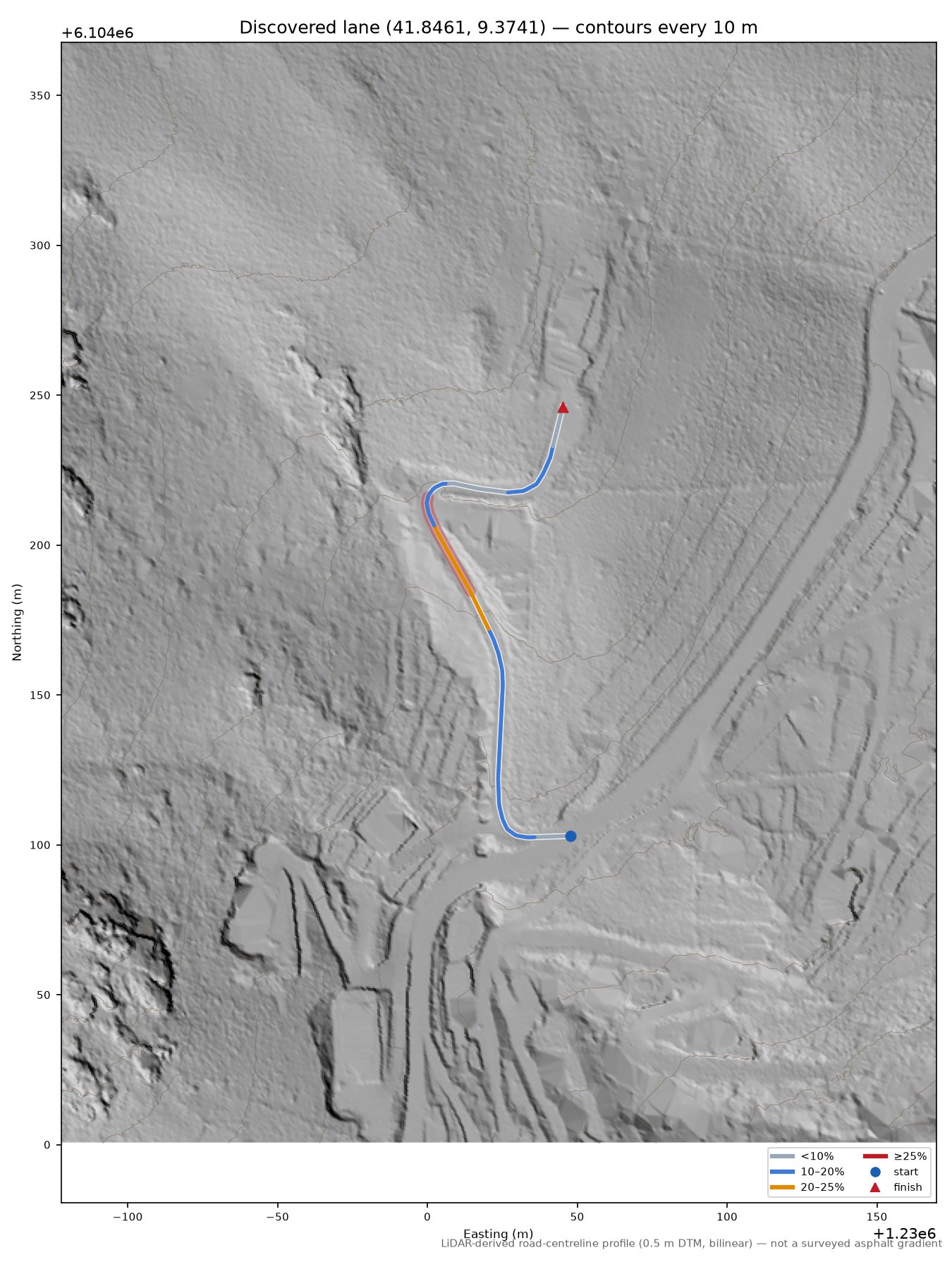 Discovered lane (41.8461, 9.3741) LiDAR hillshade map with contours