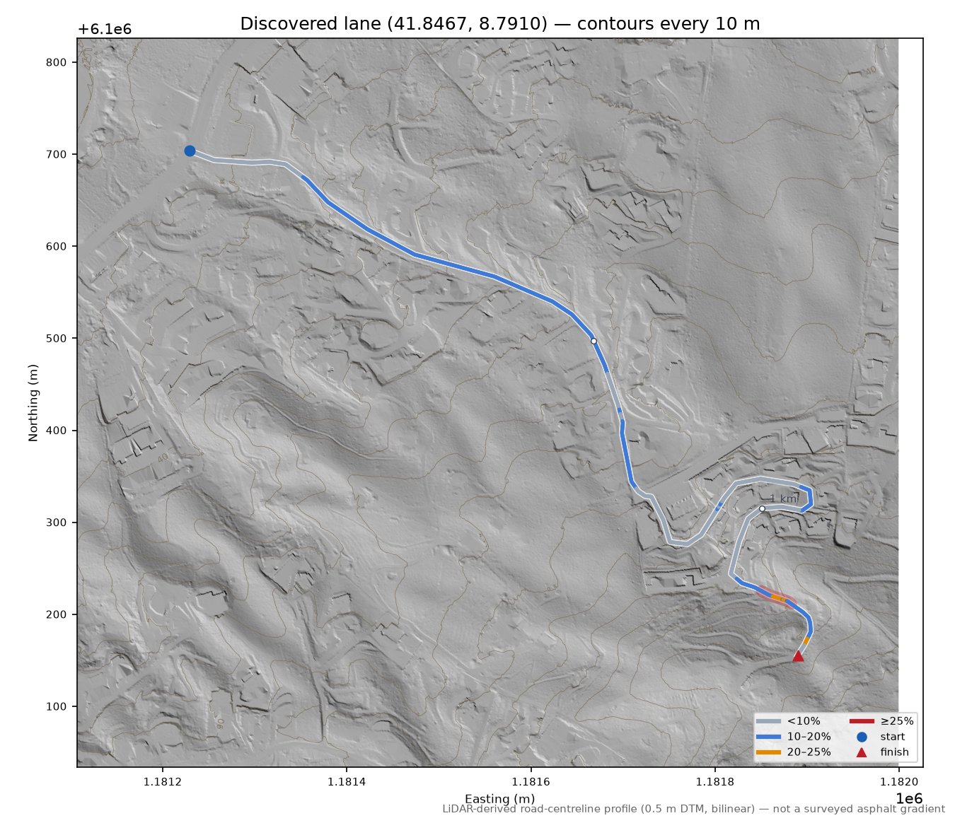 Discovered lane (41.8467, 8.7910) LiDAR hillshade map with contours