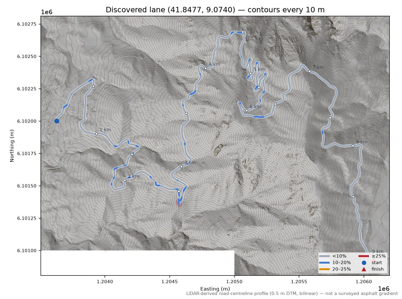 Discovered lane (41.8477, 9.0740) LiDAR hillshade map with contours
