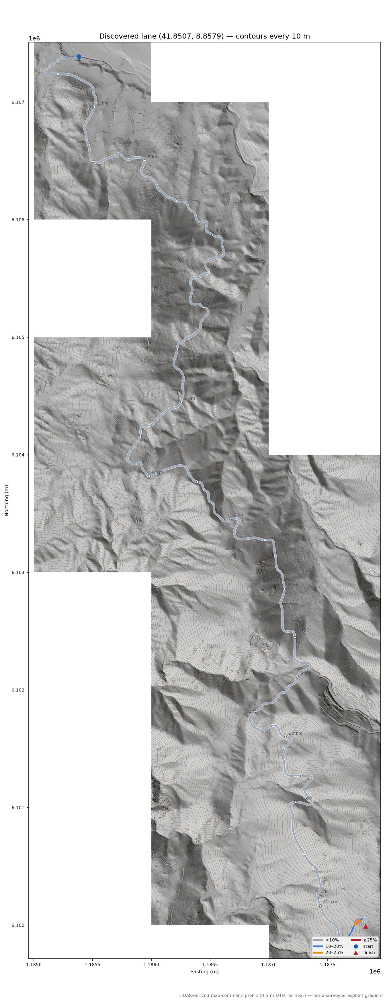 Discovered lane (41.8507, 8.8579) LiDAR hillshade map with contours