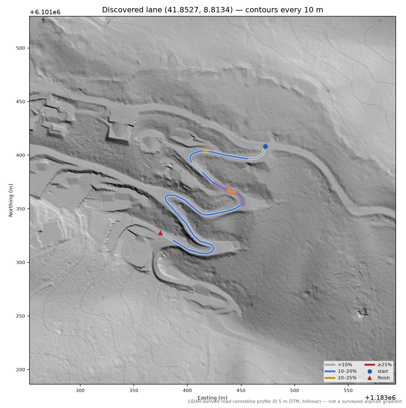 Discovered lane (41.8527, 8.8134) LiDAR hillshade map with contours