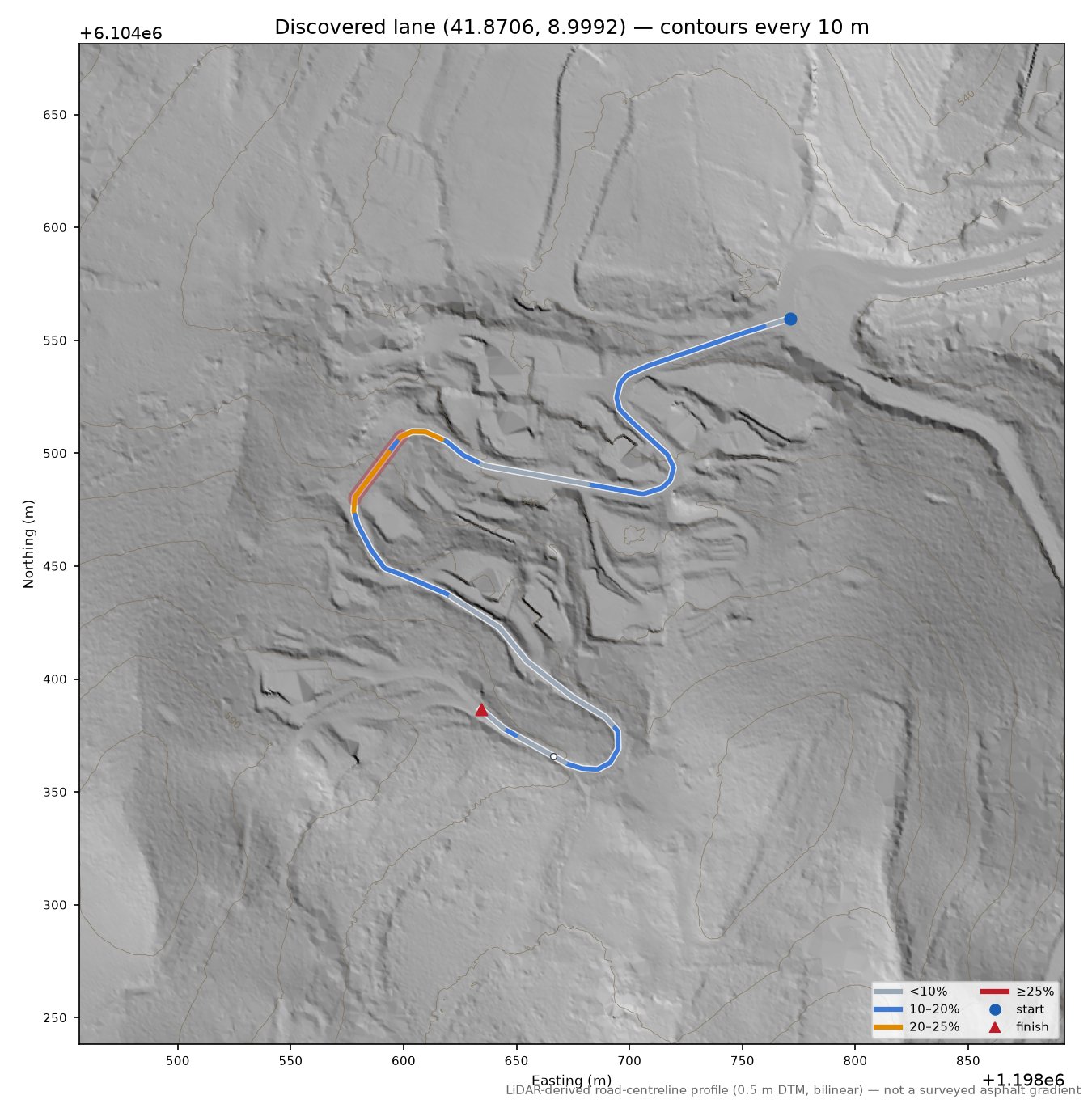 Discovered lane (41.8706, 8.9992) LiDAR hillshade map with contours