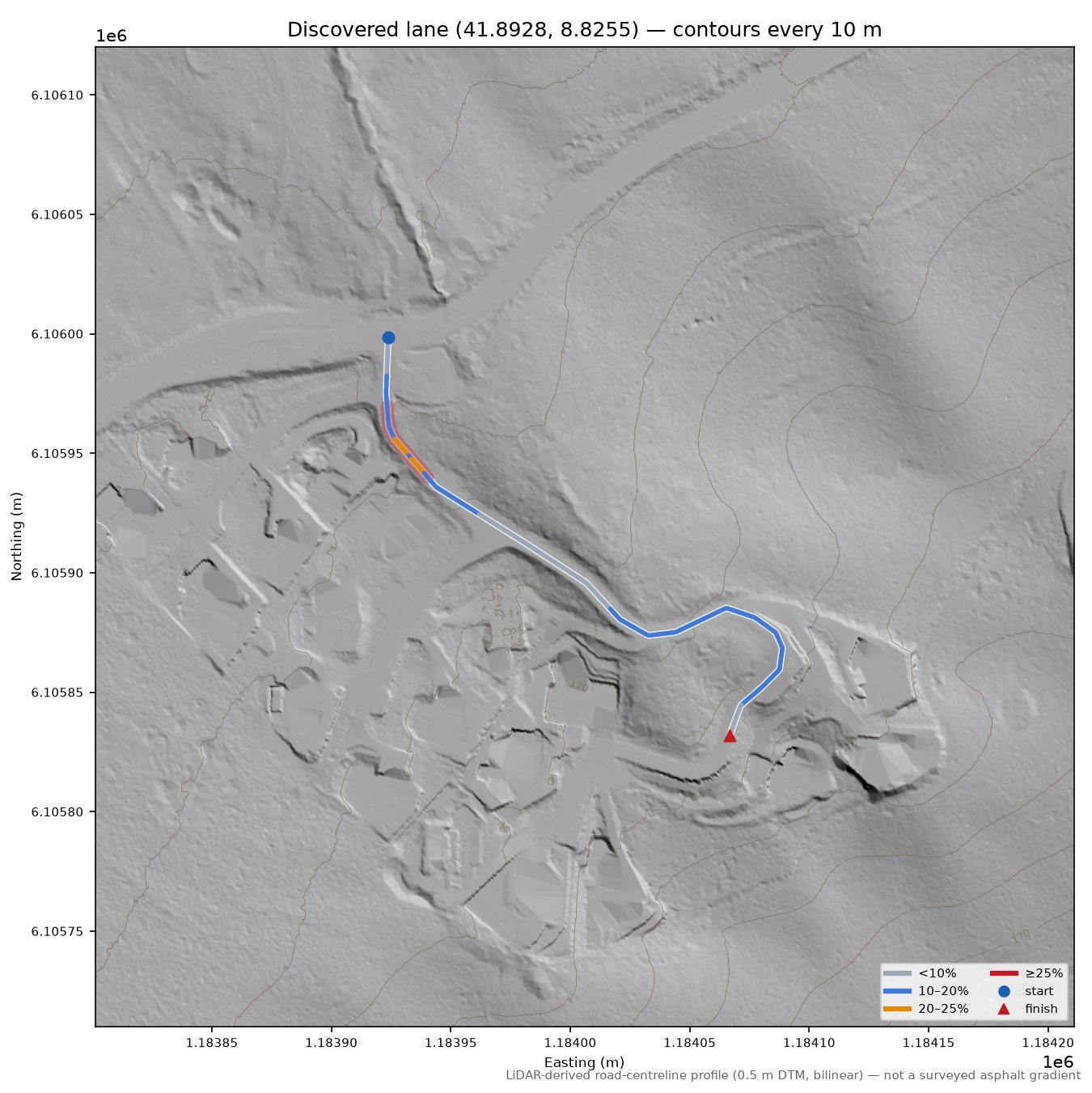 Discovered lane (41.8928, 8.8255) LiDAR hillshade map with contours